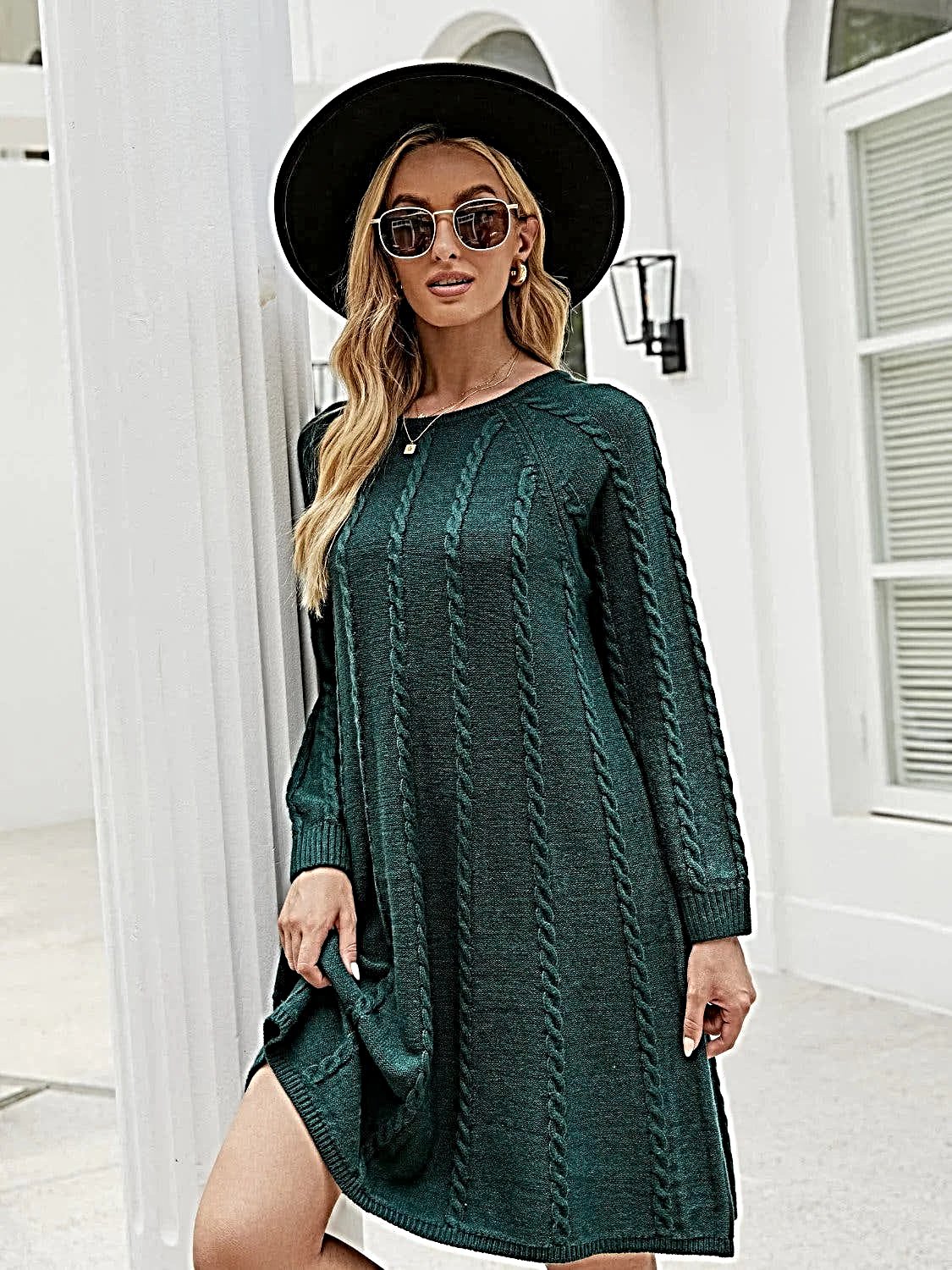 Cable Knit Sweater Dress for Women - Soft Acrylic, Slightly Stretchy, Long Sleeve - Trendy Style -