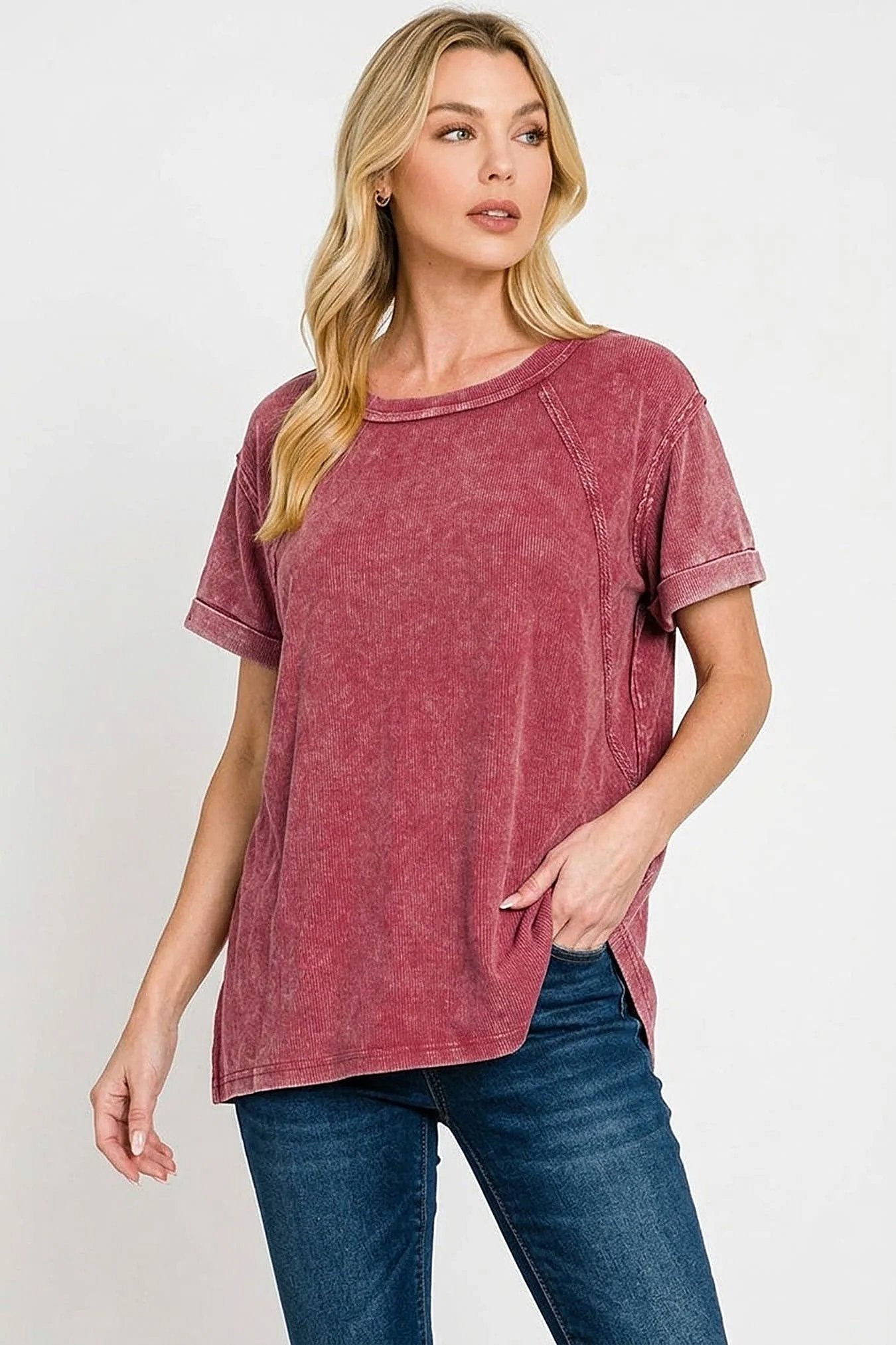 Zenana Washed Ribbed Cuffed Short Sleeve Round Neck Top -
