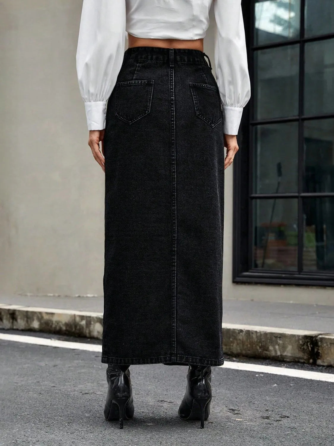 Button Front Denim Skirt -
