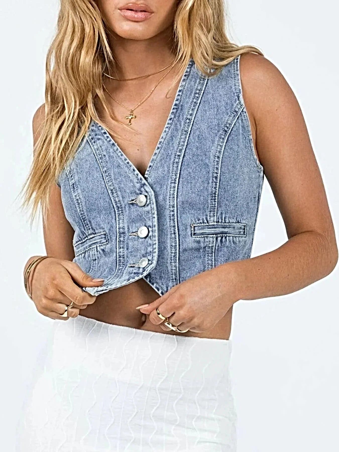 V-Neck Button Up Denim Vest -