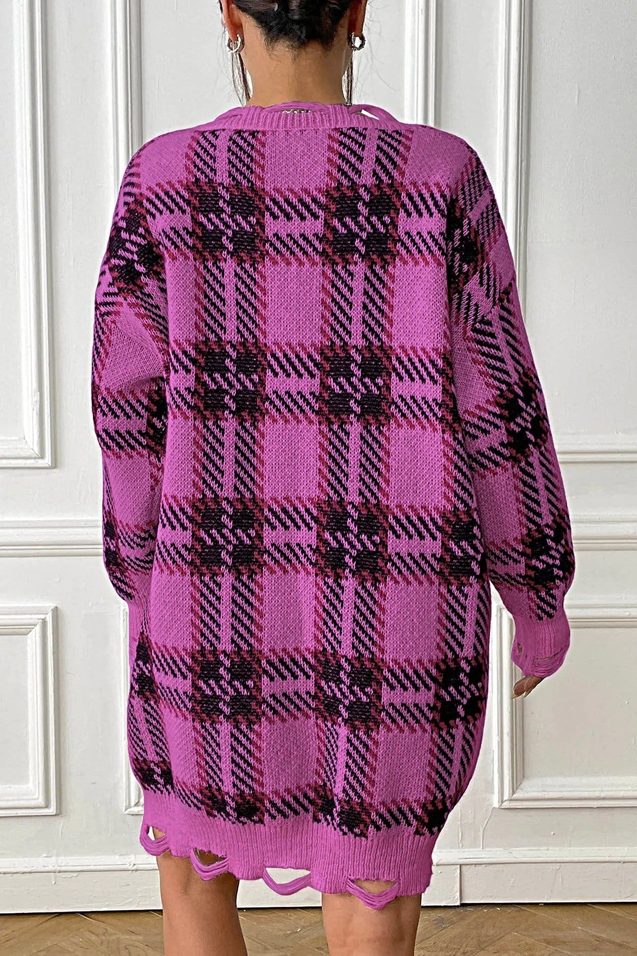Plaid V-Neck Long Sleeve Sweater Dress -