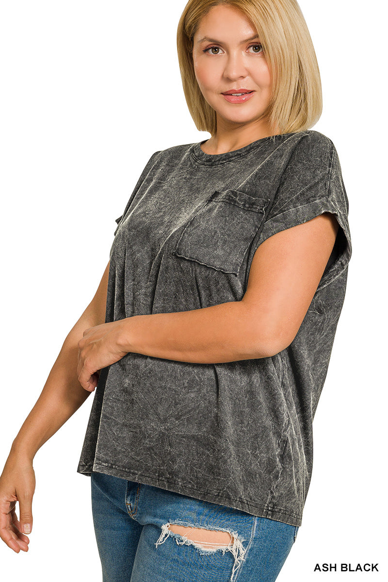 Zenana Full Size Crinkle Washed Round Neck Folded Short Sleeve Tee Plus Size -