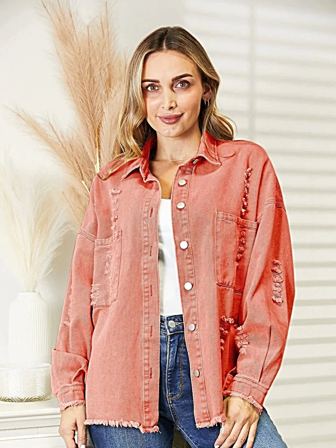 Distressed Raw Hem Denim Jacket -