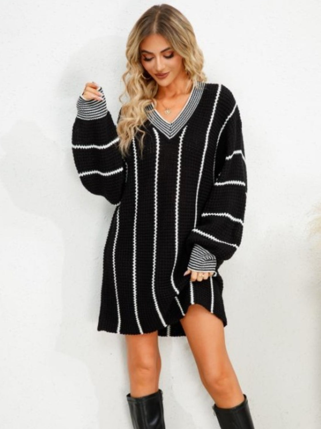 Striped V-Neck Long Sleeve Mini Dress -