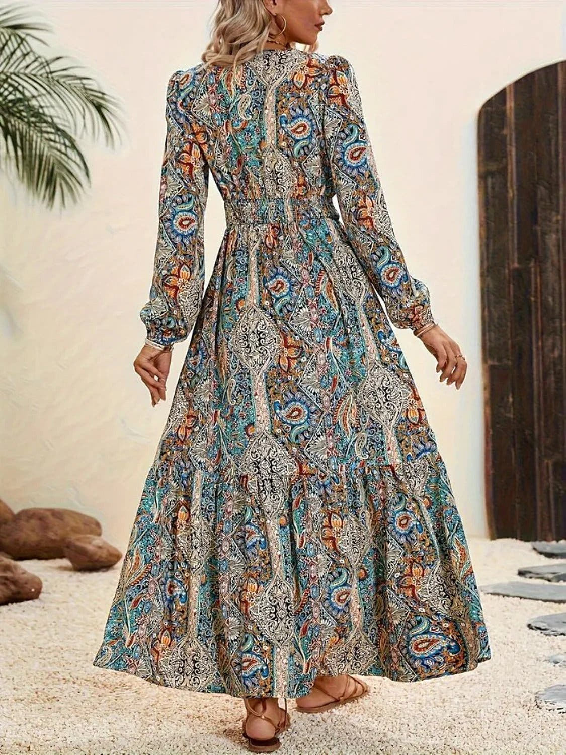 Trendy Printed Tie Neck Long Sleeve Maxi Dress - Fashionable Maxi Dress For Events Trendsi