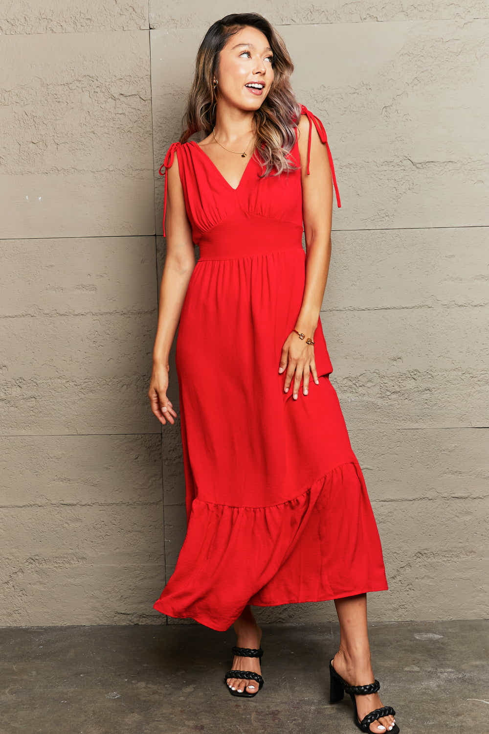 Perfee Drawstring V-Neck Sleeveless Dress Trendsi