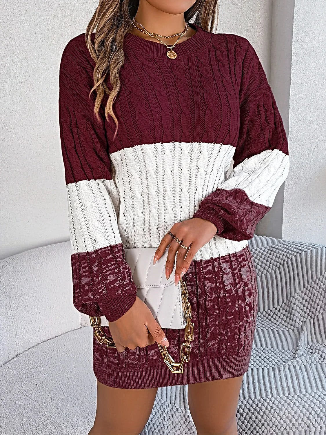Cable-Knit Round Neck Color Block Sweater Dress -