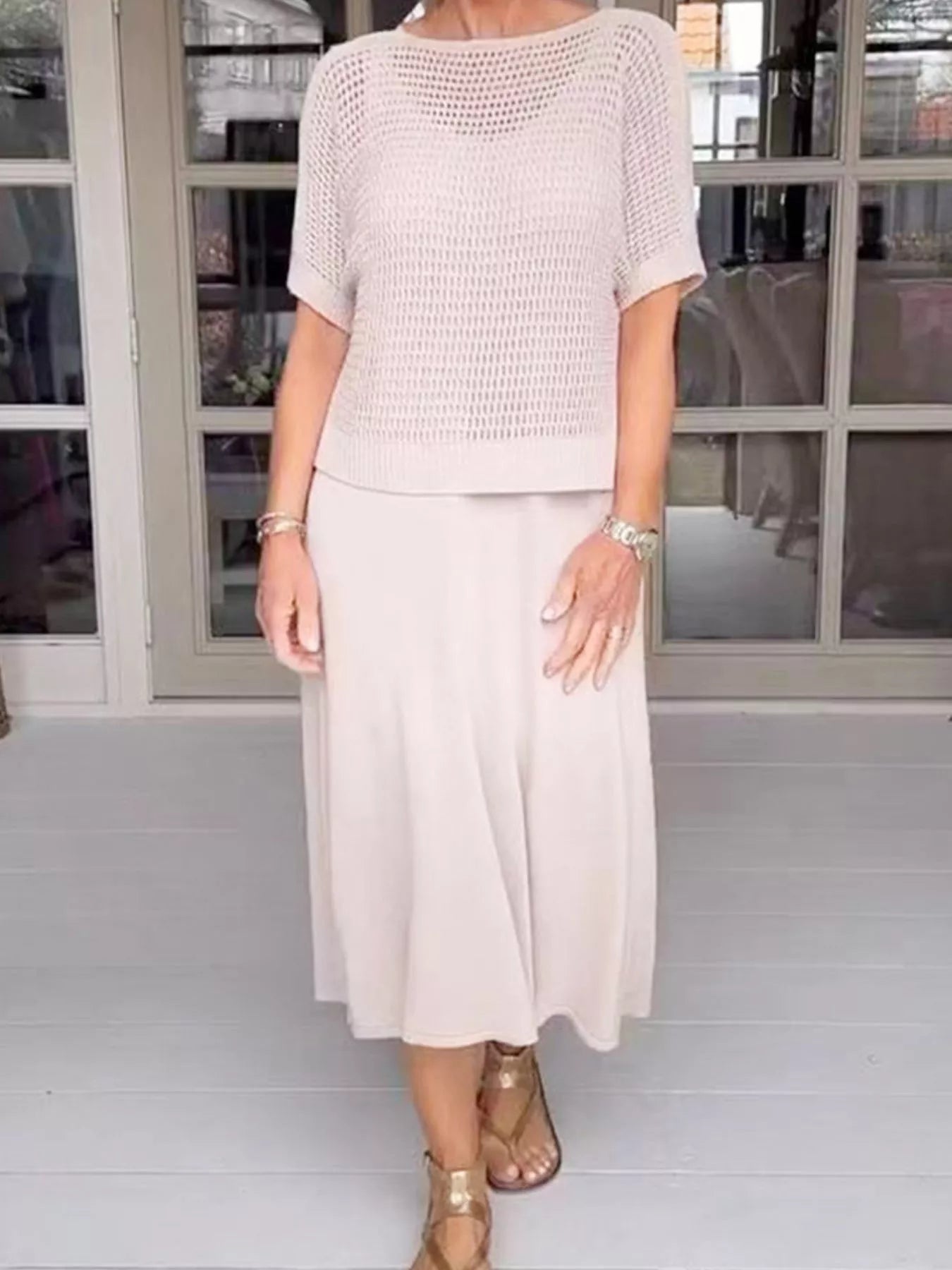 Full Size Openwork Knit Cover Up and Dress Set Plus Size -