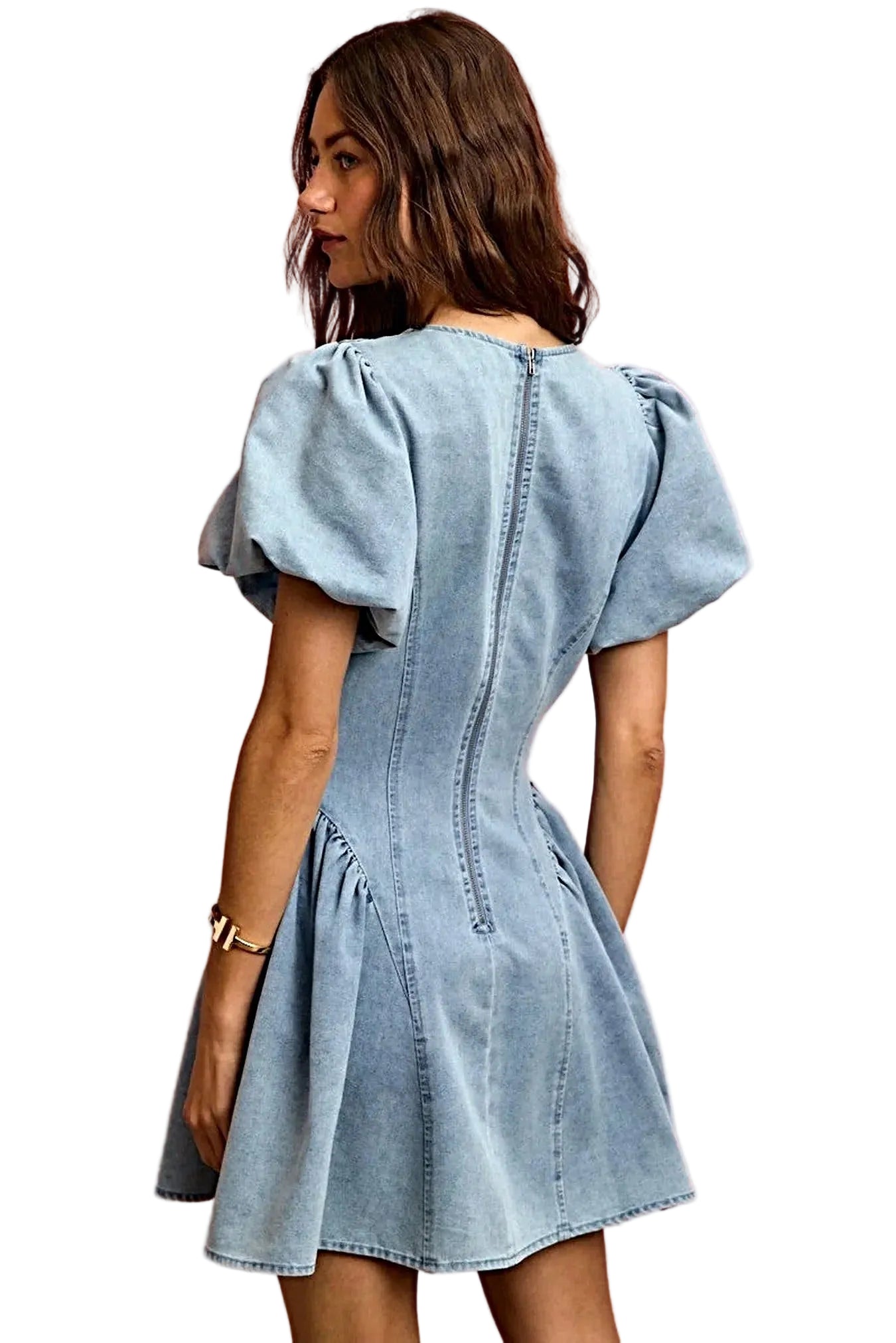SO ME Bubble Sleeves Denim Fit And Flare Mini Dress -