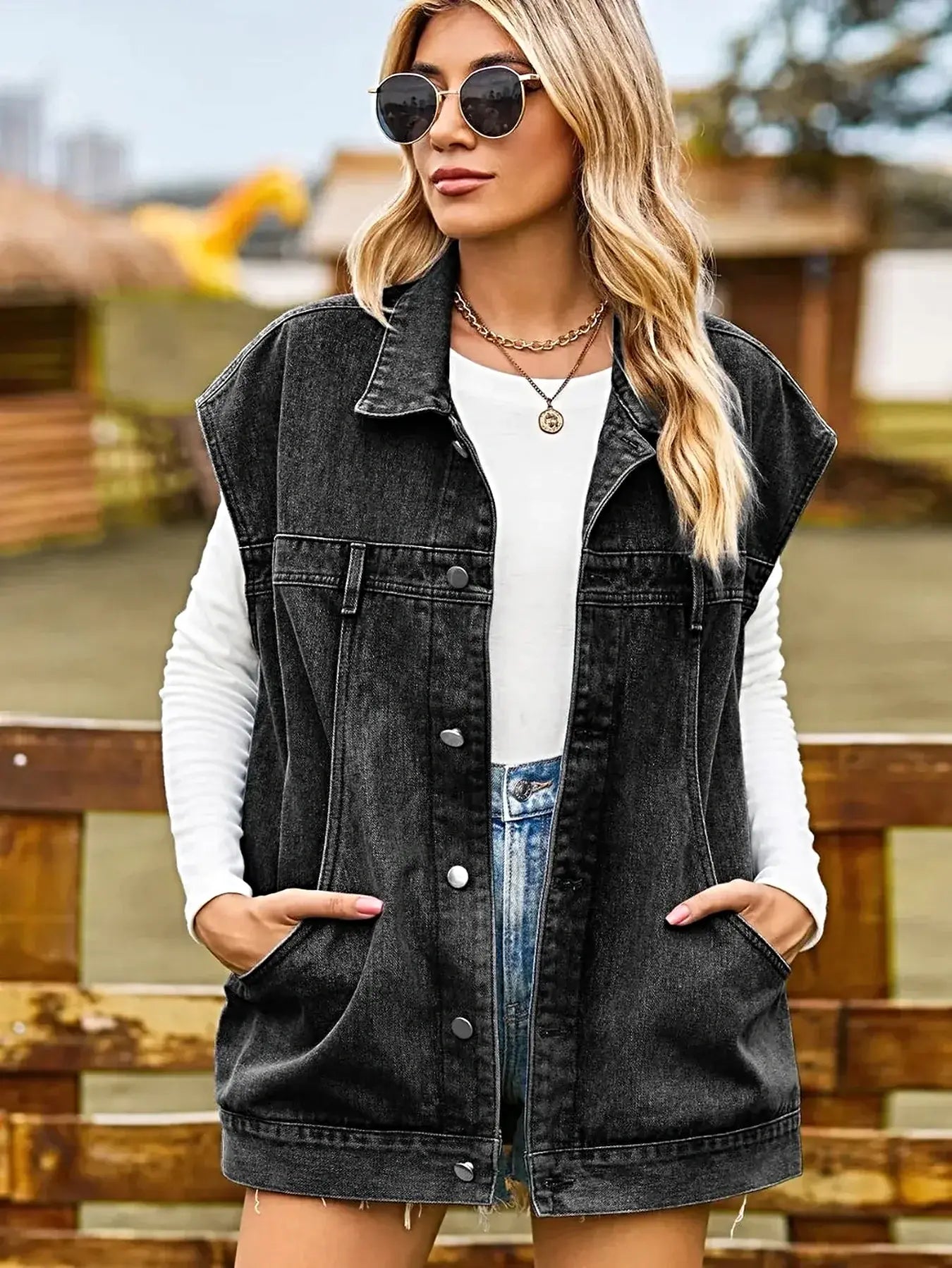 Button Up Collared Neck Sleeveless Denim Jacket -