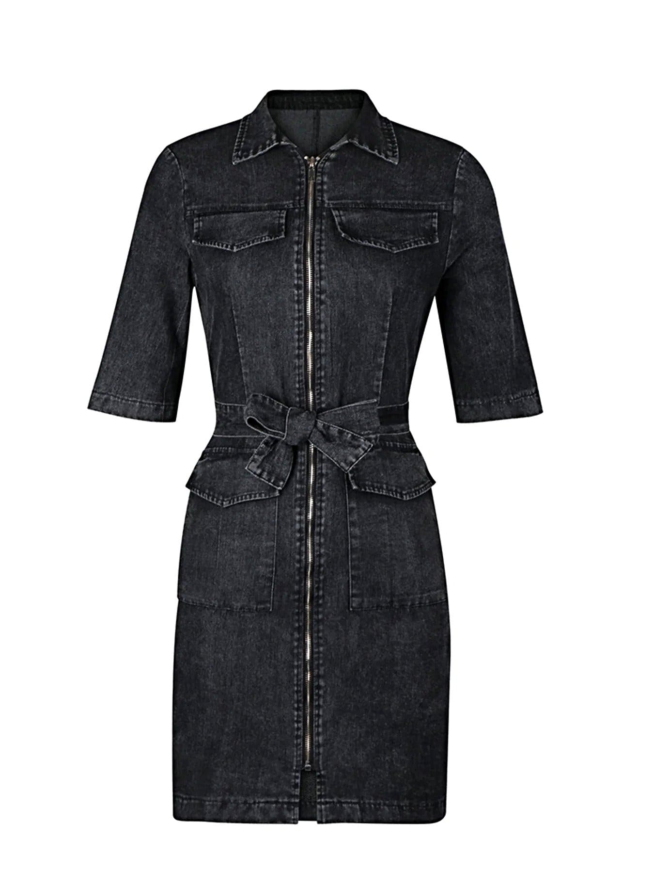 Zipper Front Short Sleeve Denim Dress -