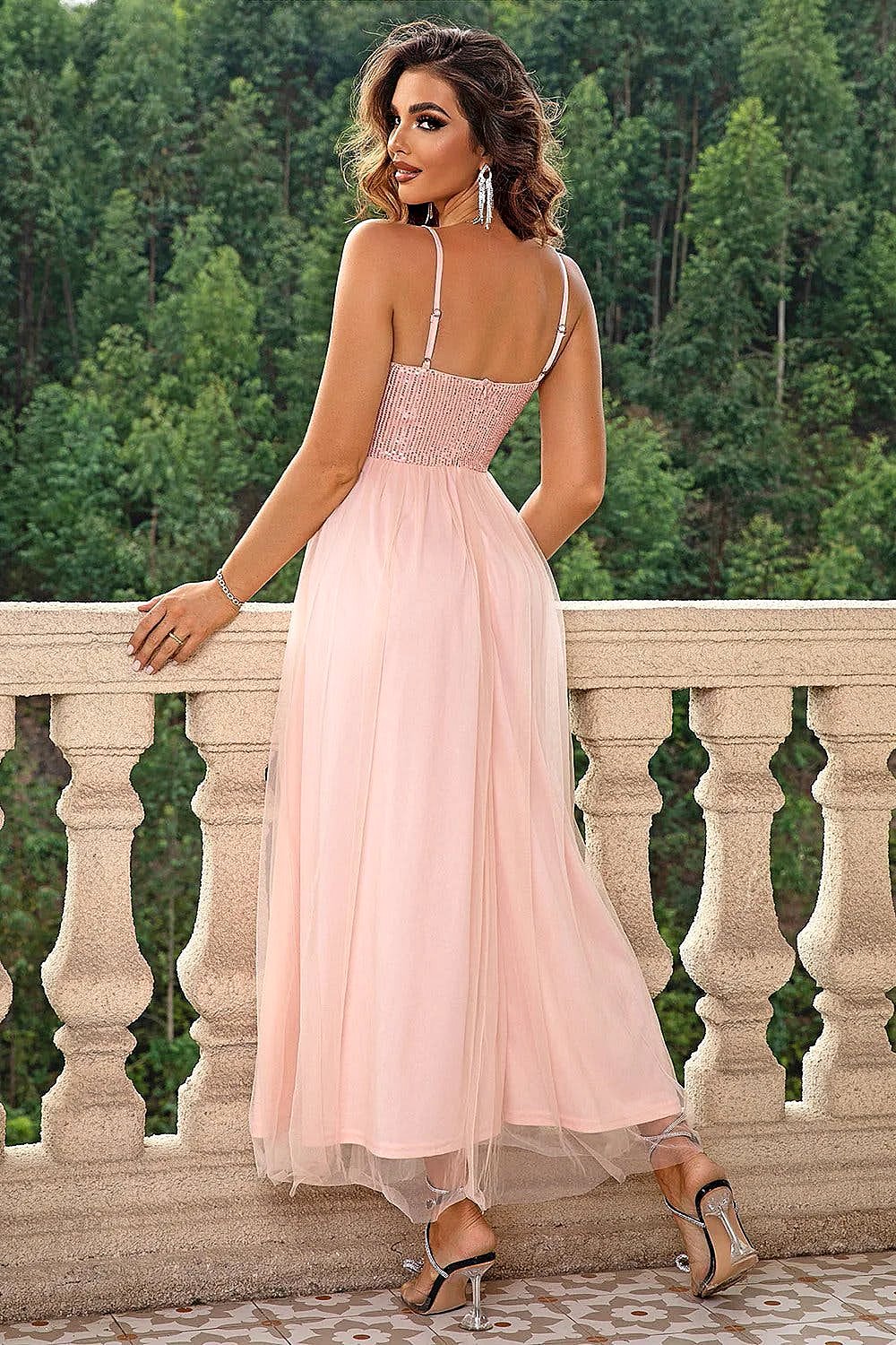 Elegant Evening Dress - Spaghetti Strap Design, Sheer Mesh Slit, Slightly Stretchy, Perfect for All Occasions Trendsi