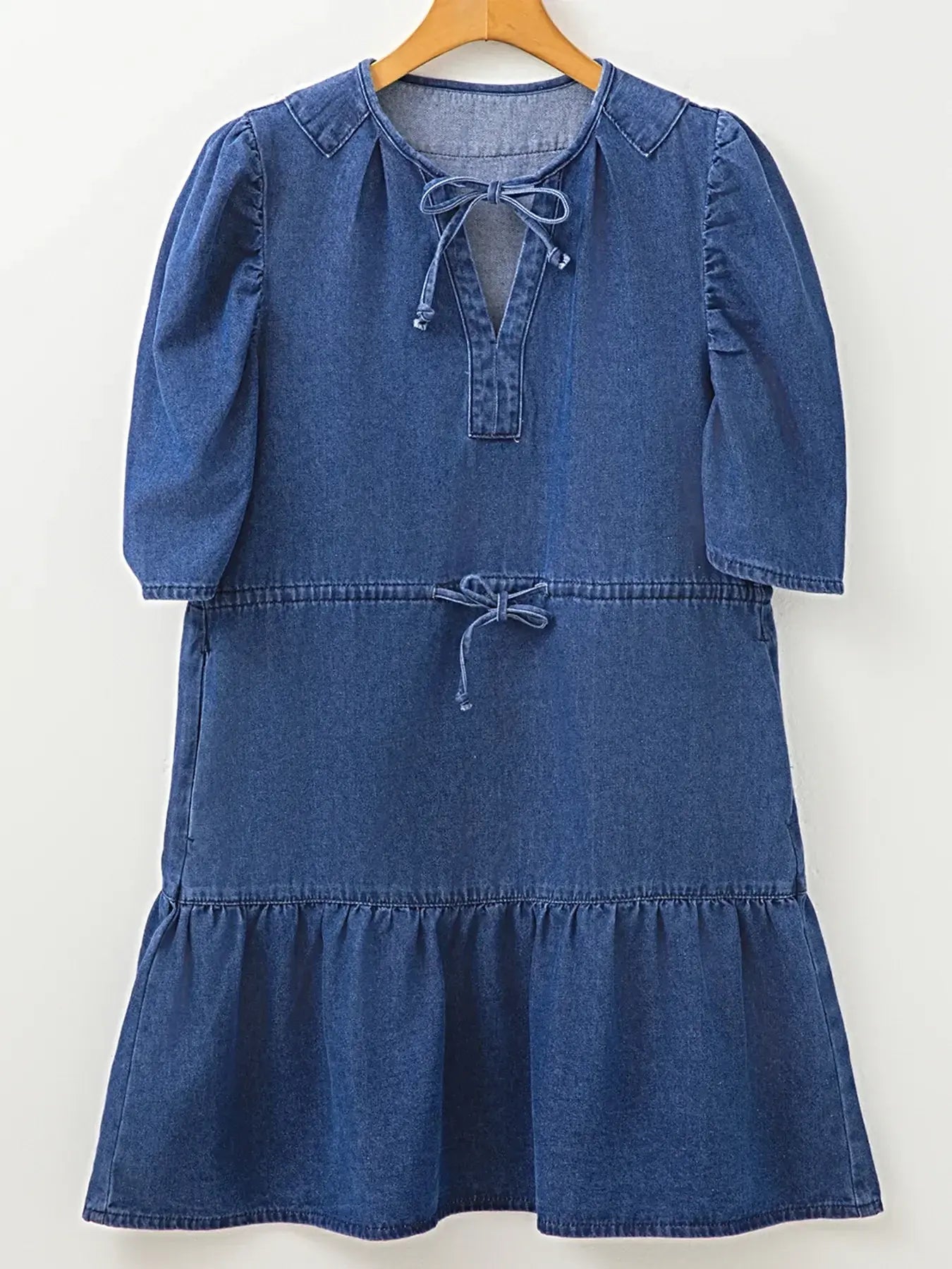 Drawstring High Waist Puff Sleeve Denim Mini Dress -