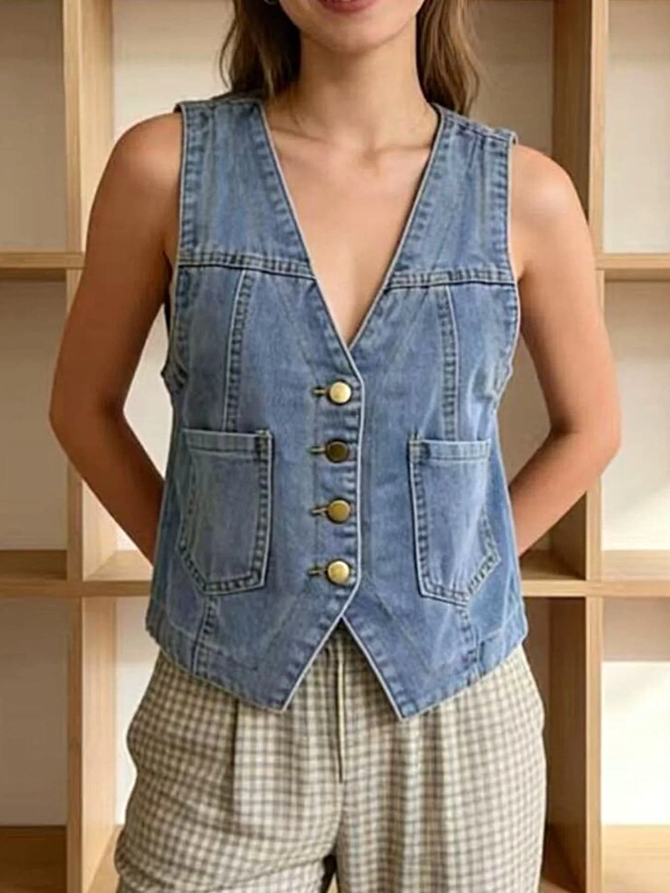 Plus Size Button-Down Denim Vest -