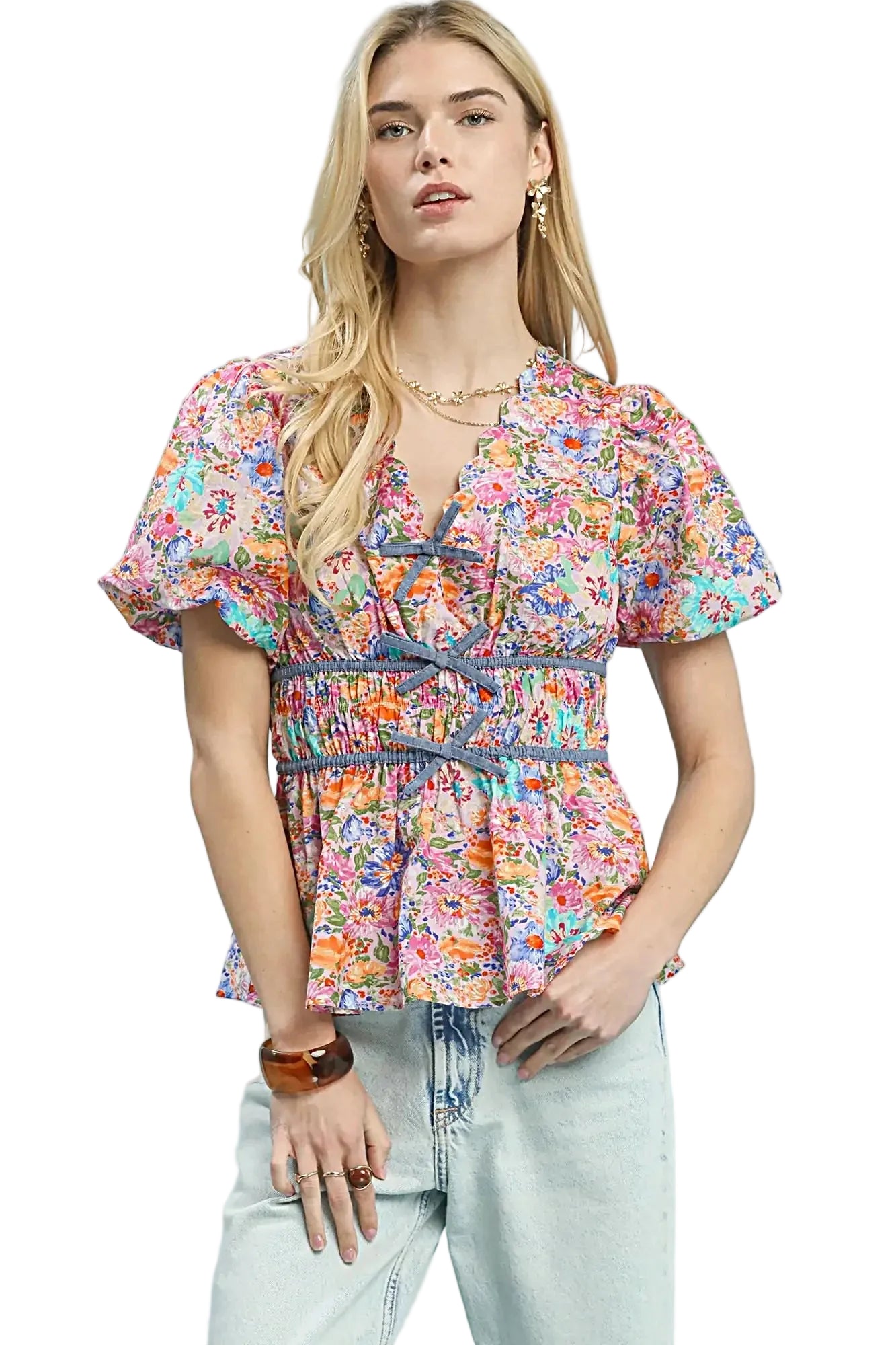 Umgee Mix Floral Smocked Waist Blouse -