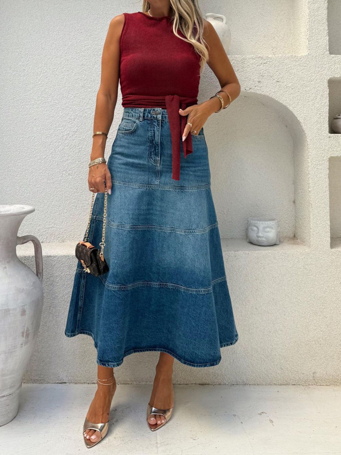 Luxury High-Waisted Denim Skirt with Belted Detail, Non-Stretch 95% Rayon Blend, Elegant Fit -
