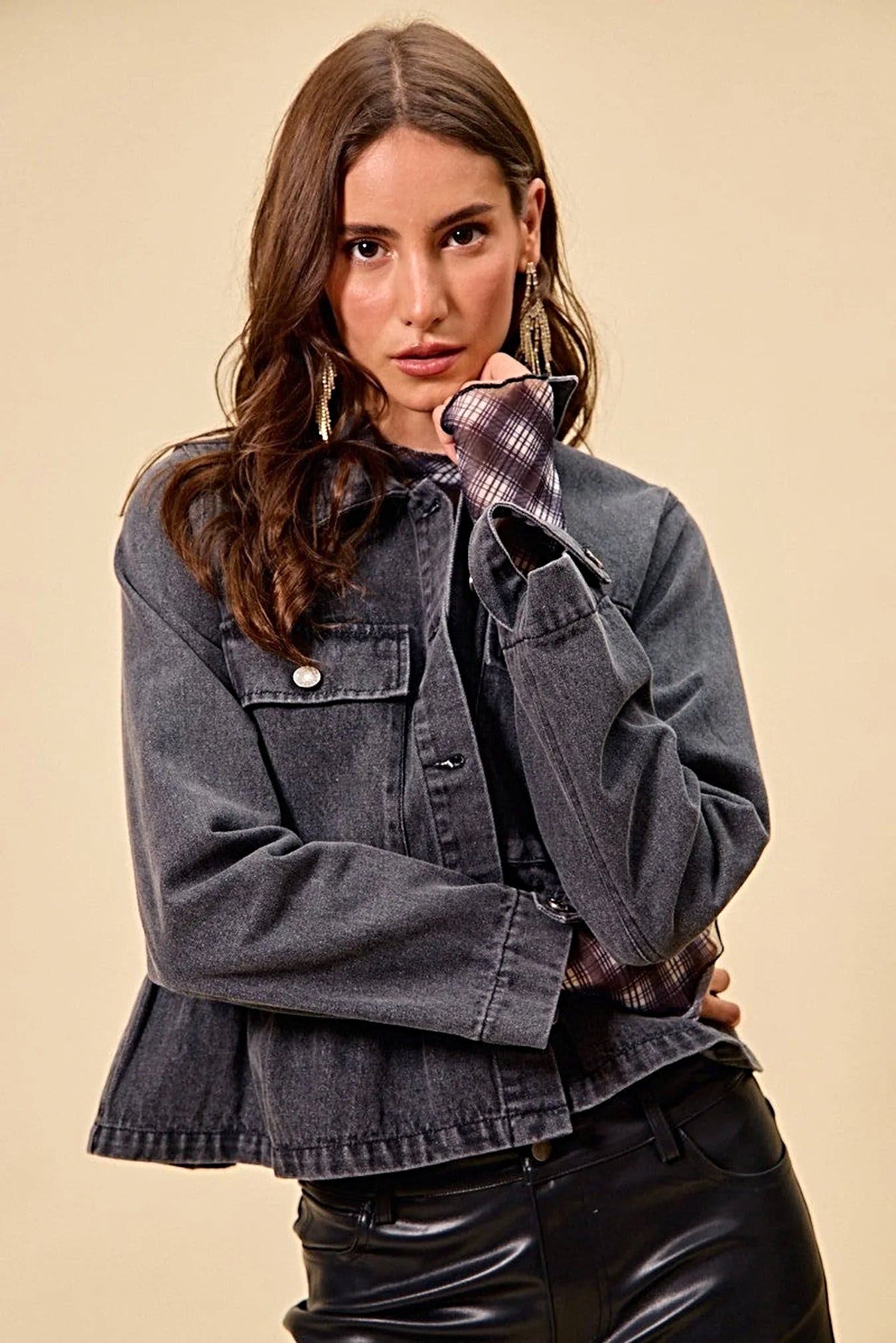 SO ME Denim Peplum Hem Front Button Jacket With Pockets -