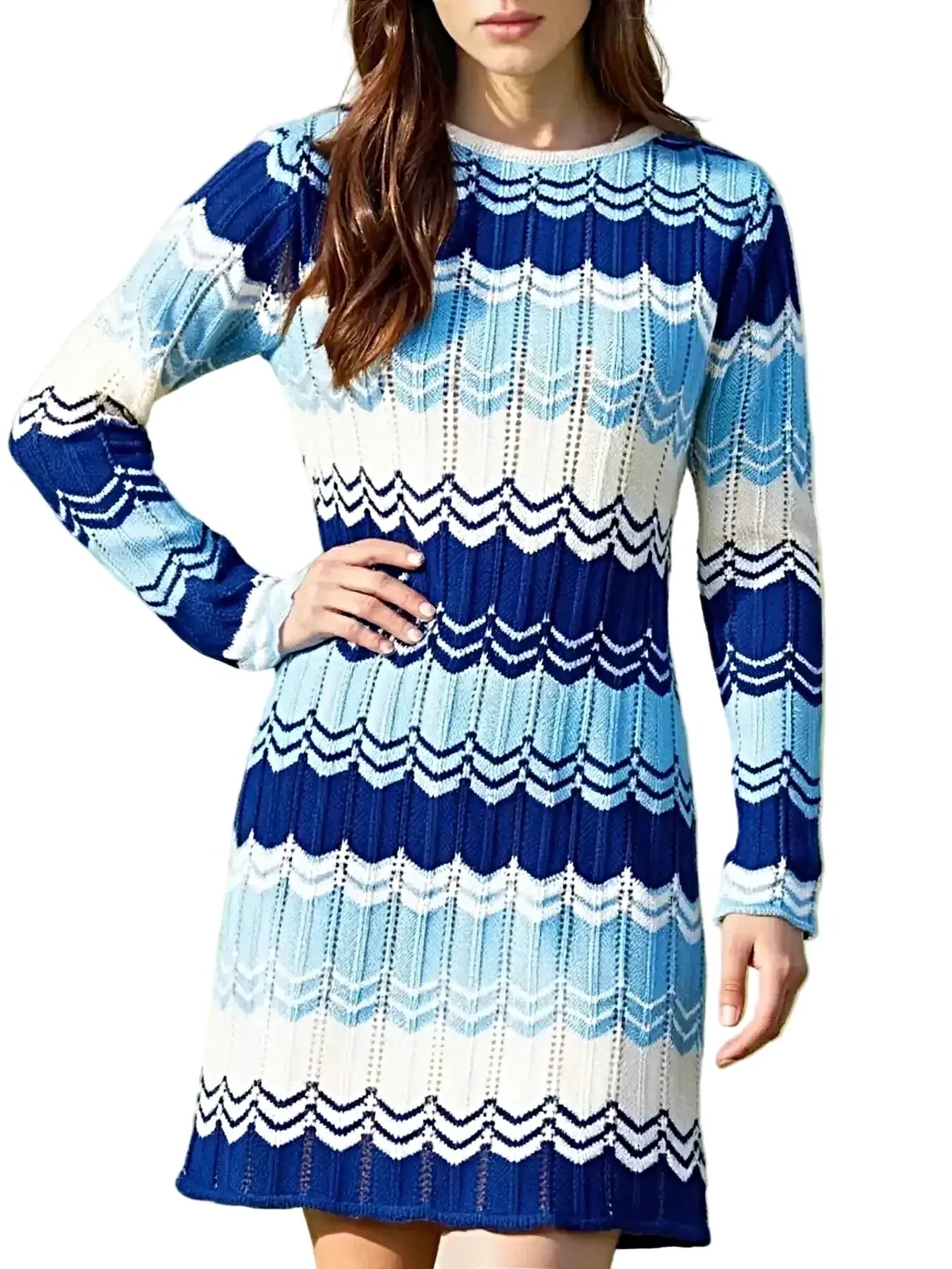 Openwork Wave Pattern Long Sleeve Sweater Dress -