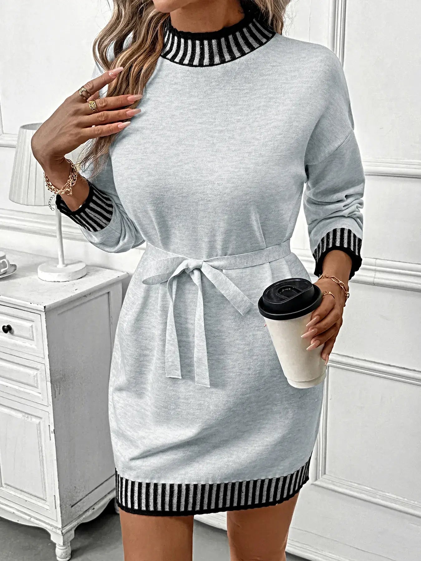 Striped Trim Tie Waist Sweater Dress -