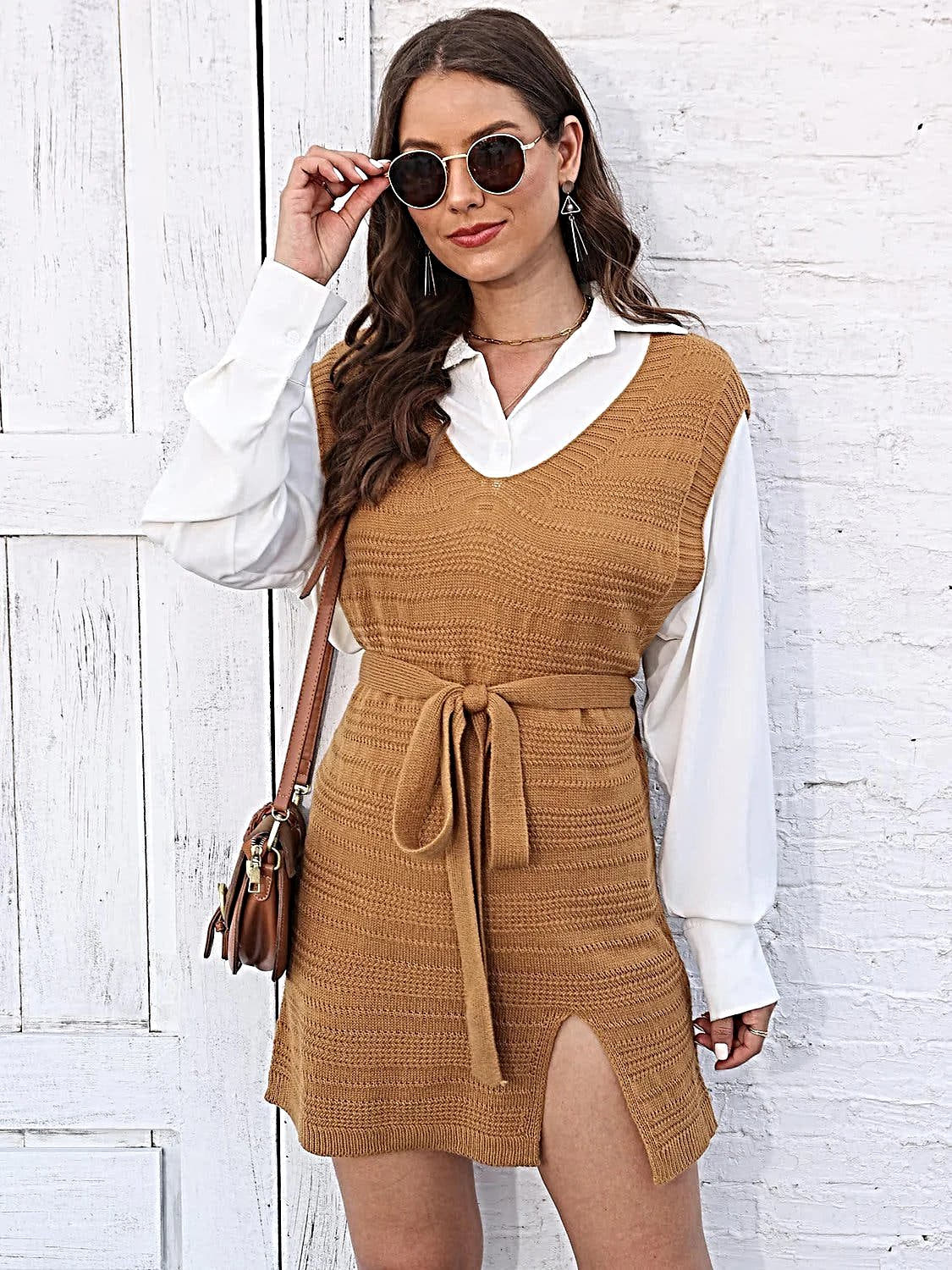 Luxury Tie Front Sweater Dress With V-Neck, Sleeveless Design, And Elegant Slit -