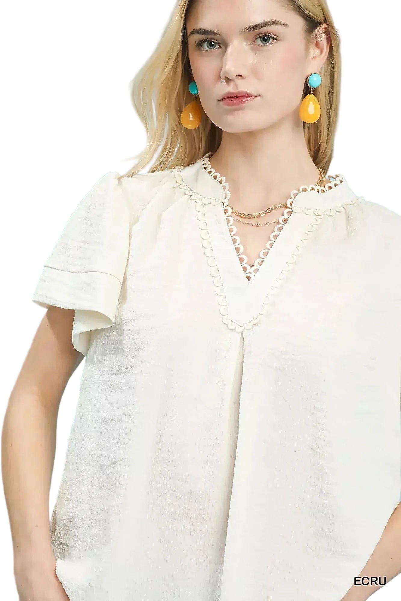 Umgee Seersucker Short Sleeve Top with Lace Trim -