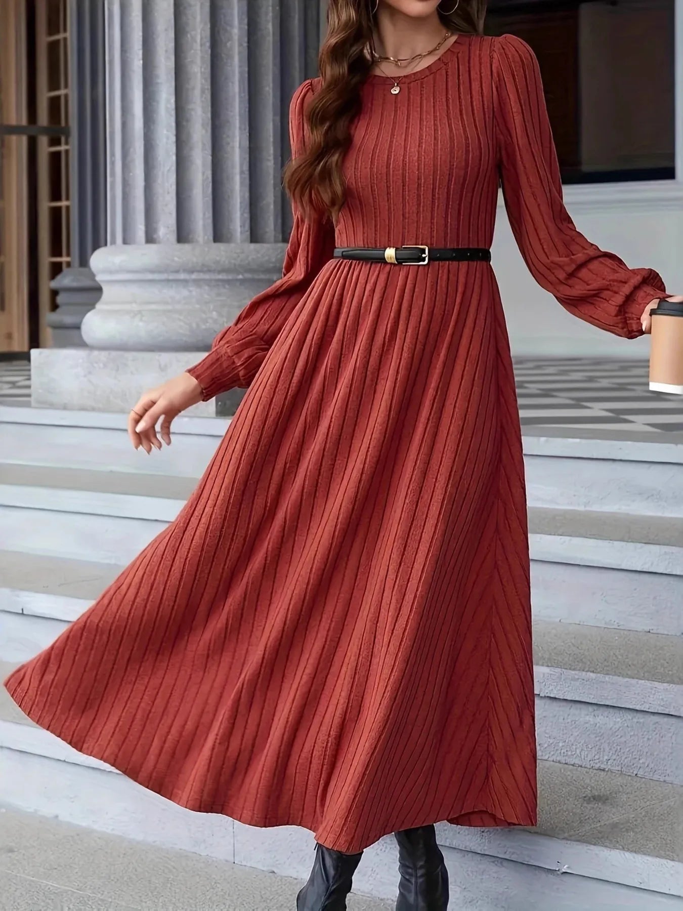 Ribbed Long Sleeve Sweater Dress -