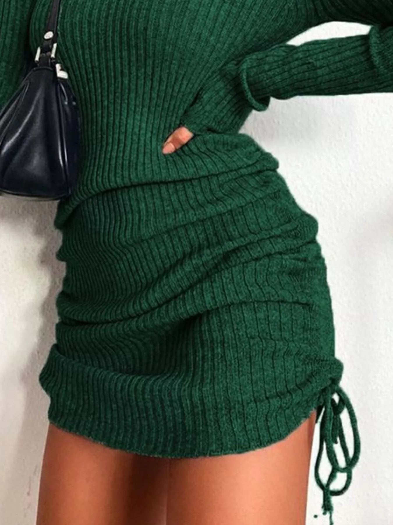 Full Size Ribbed Knit Drawstring Bodycon Sweater Dress Plus Size -