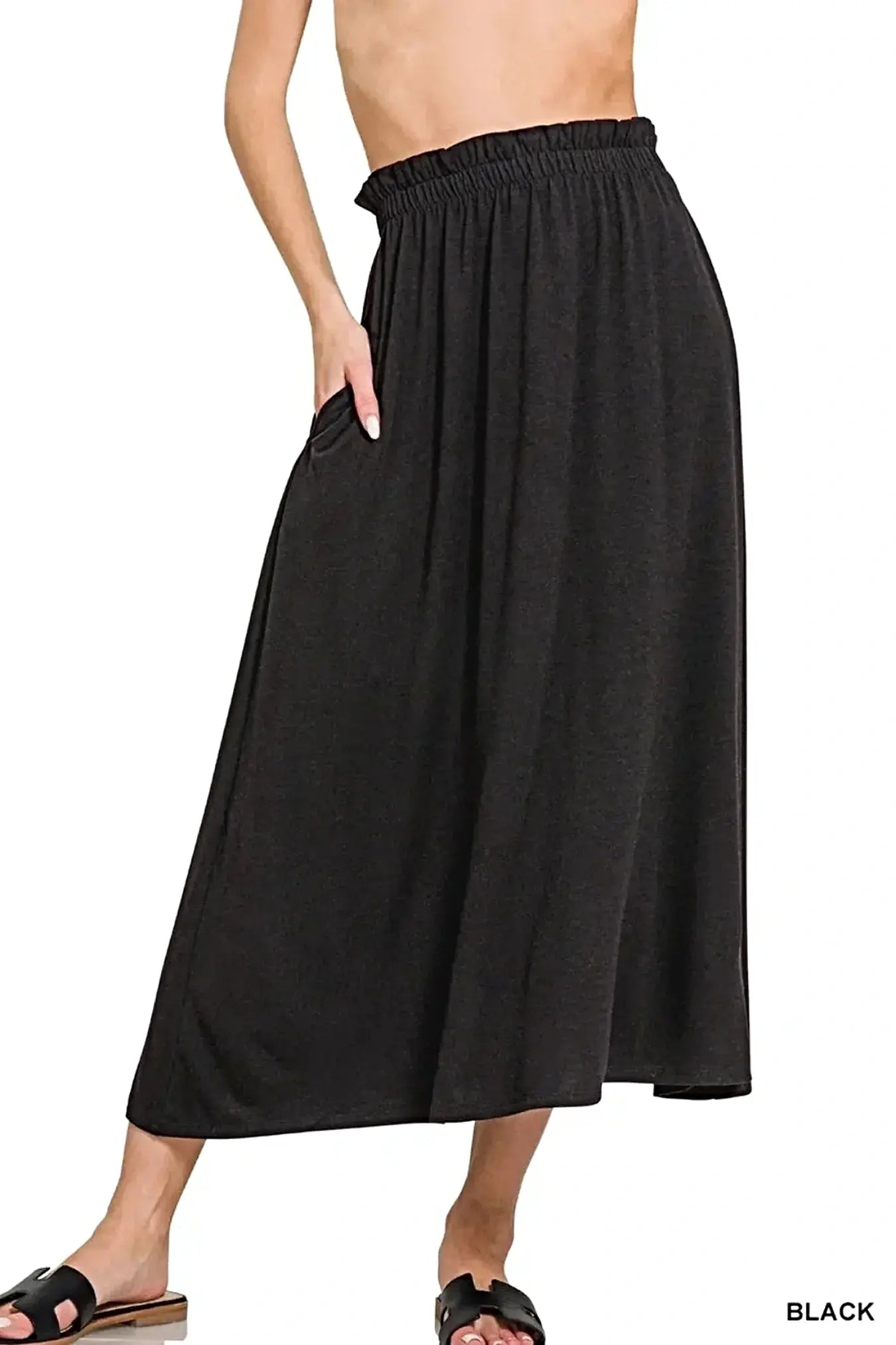 Zenana Paperbag Waist Midi Skirt With Pockets -