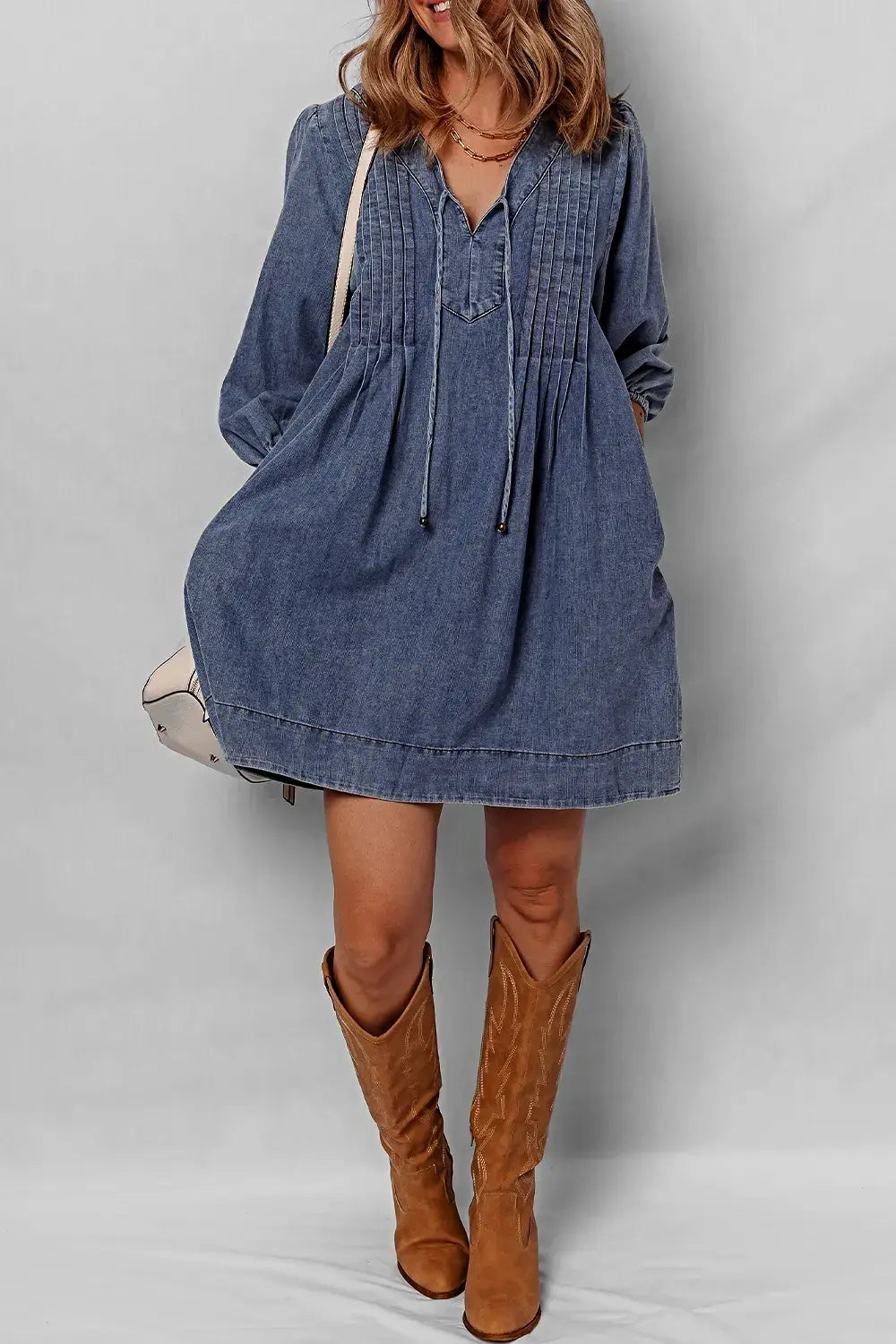 Tie Neck Long Sleeve Mini Denim Dress -