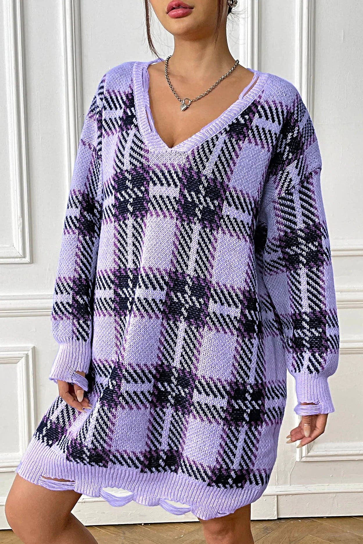 Plaid V-Neck Long Sleeve Sweater Dress -