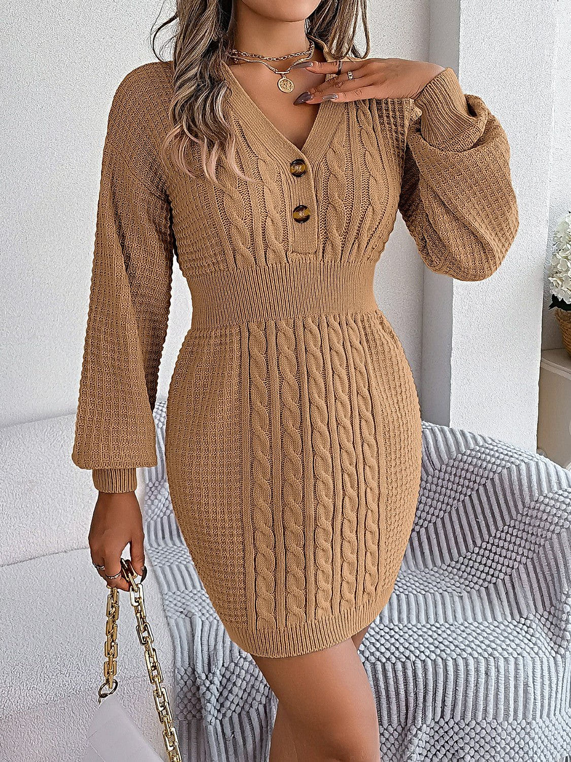 Elegant Buttoned Cable-Knit Dress with V-Neck, Moderate Stretch - 100% Acrylic Trendsi