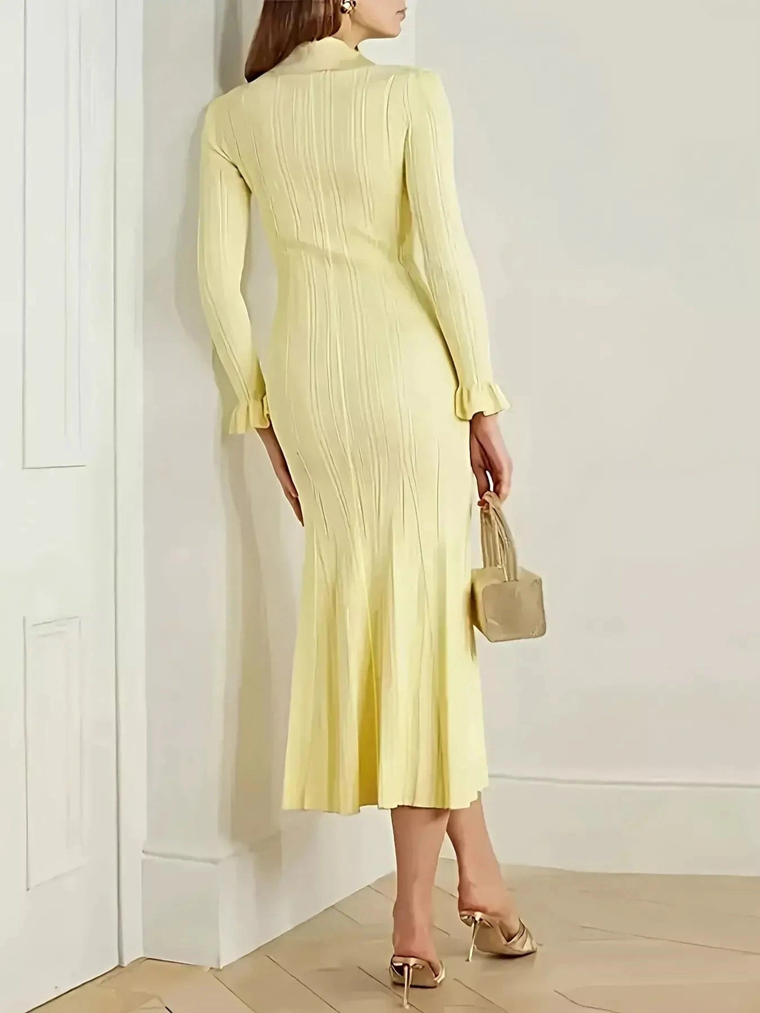 Button-Down Flounce Sleeve Sweater Dress -