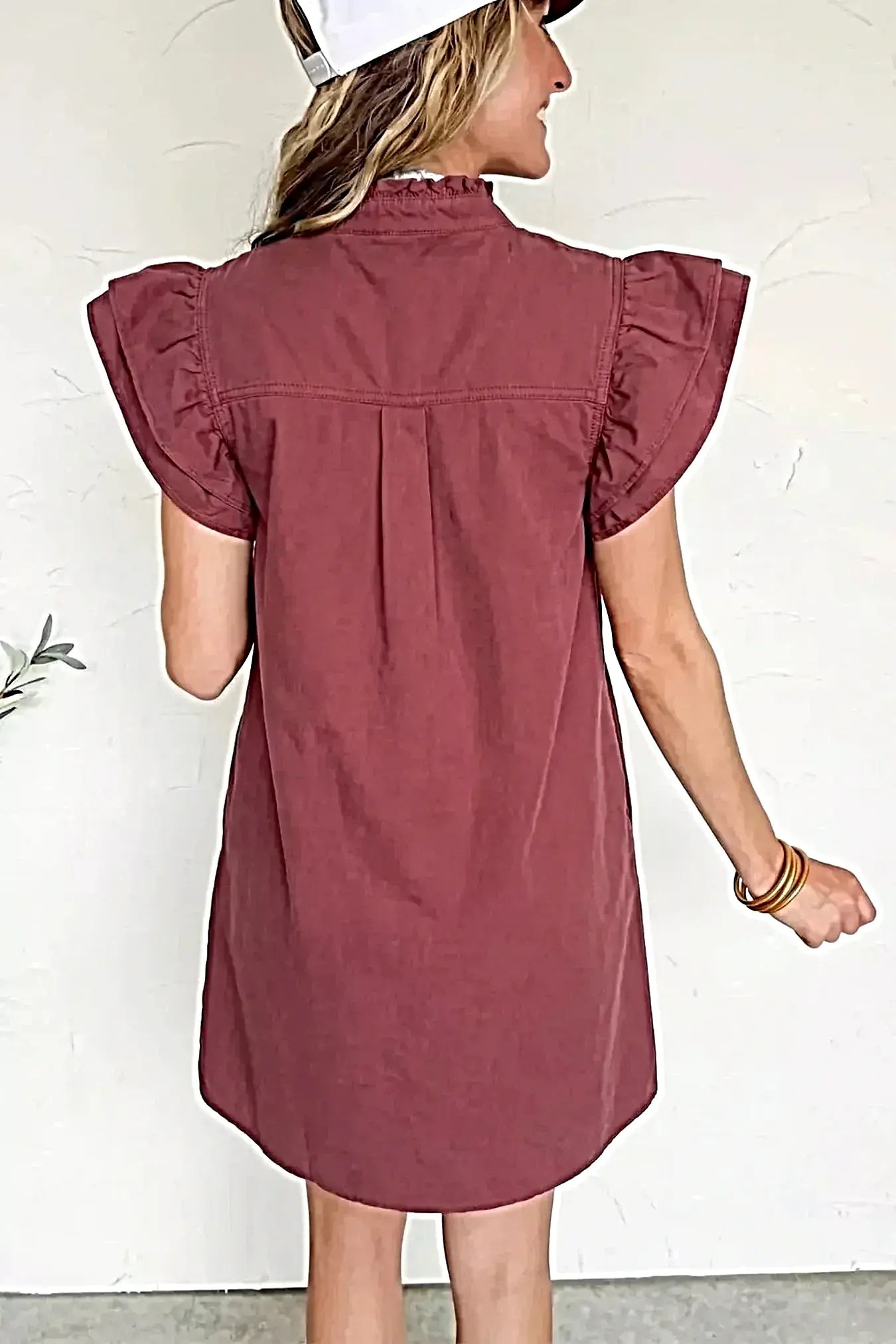 Frilled Detail Button Down Ruffle Short Sleeve Denim Mini Dress -