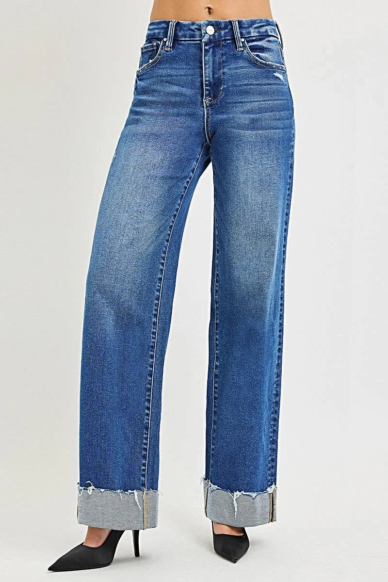 RISEN High Rise Wide Leg Jeans With Cuffed Hem -