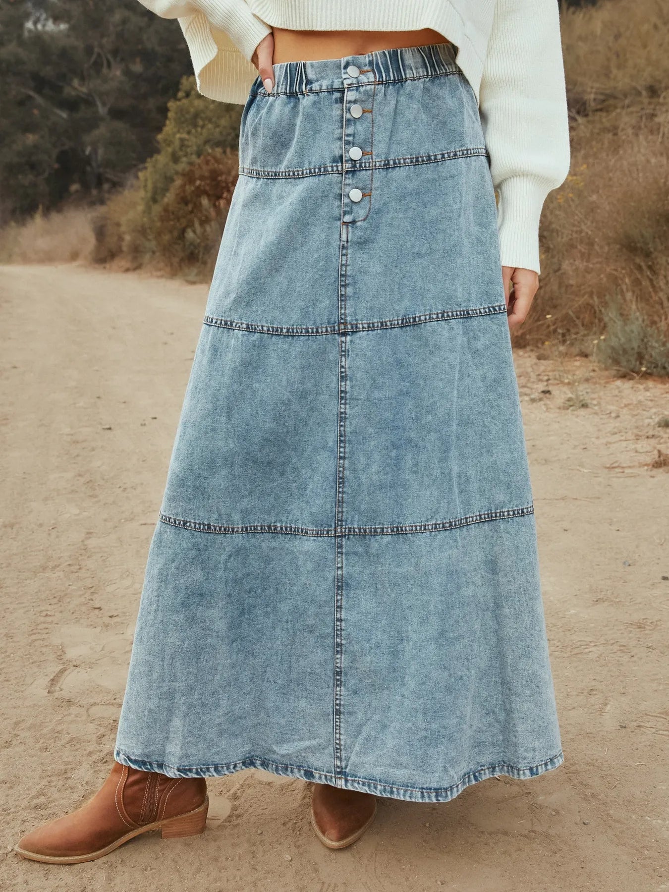 Button-Front Tiered Maxi Denim Skirt -