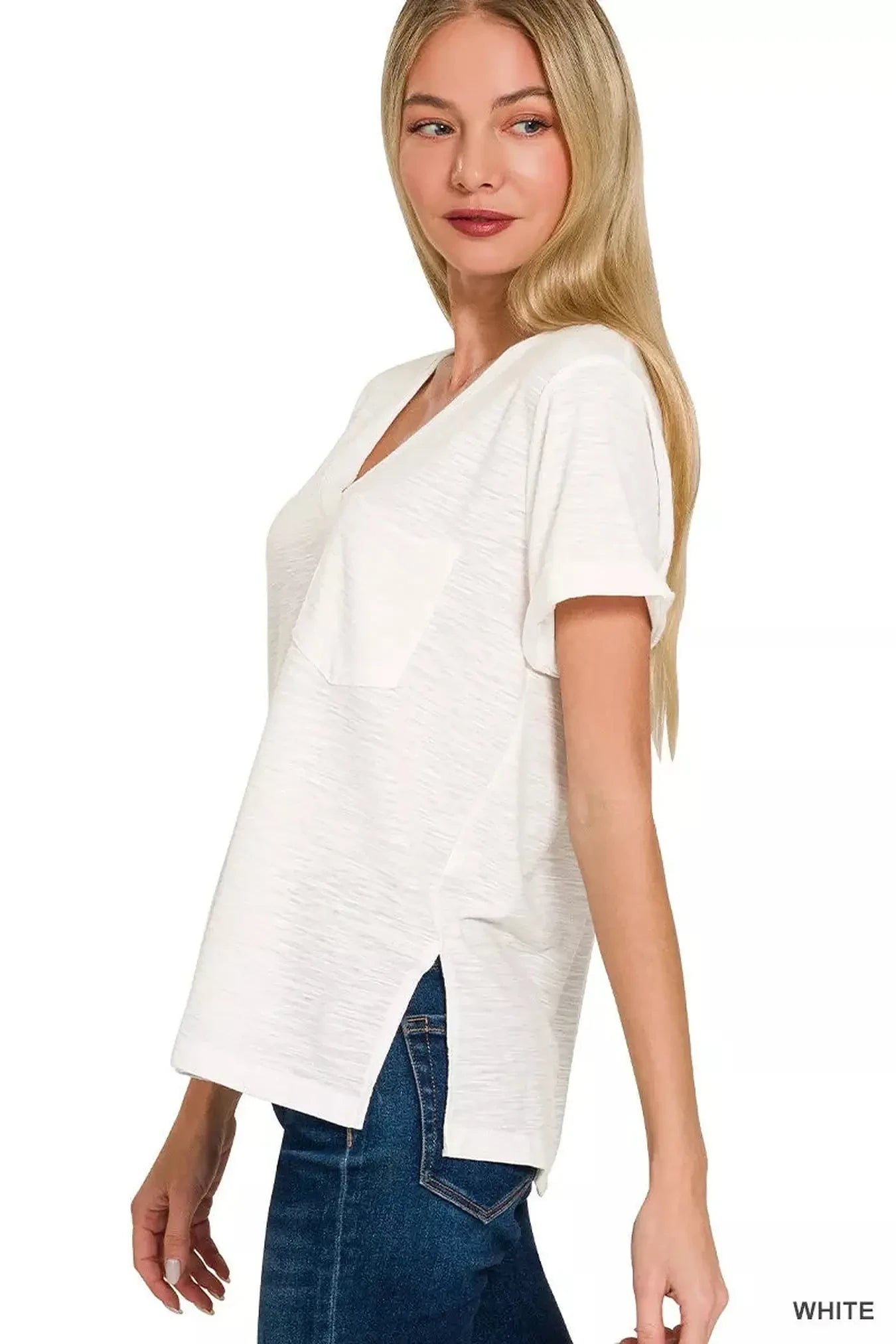 Zenana Slub Rolled Short Sleeve V-Neck Tee -