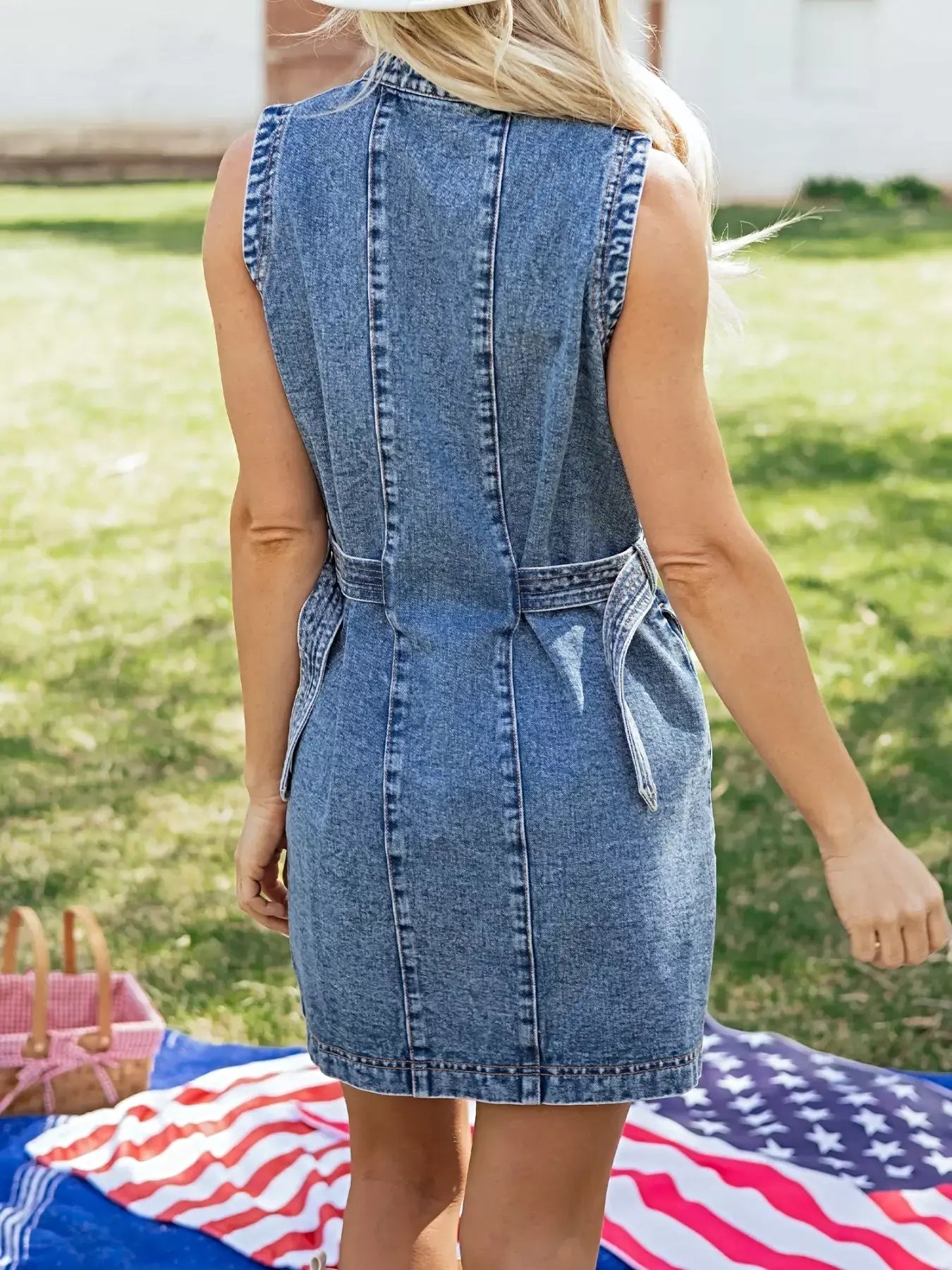 Western Belt Button Down Sleeveless Denim Short Dress -