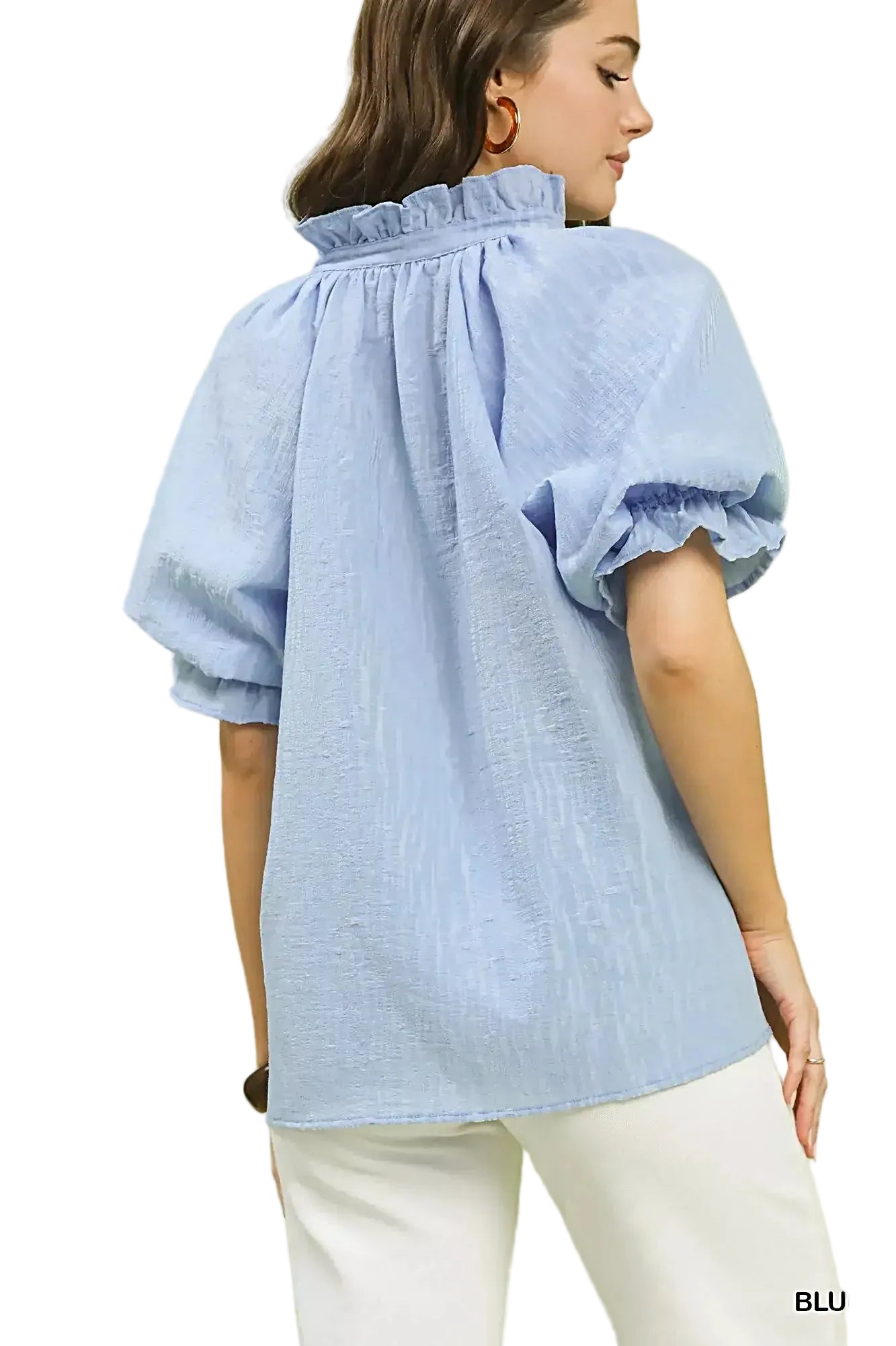 Umgee Textured Puff Sleeve Split Neck Top -