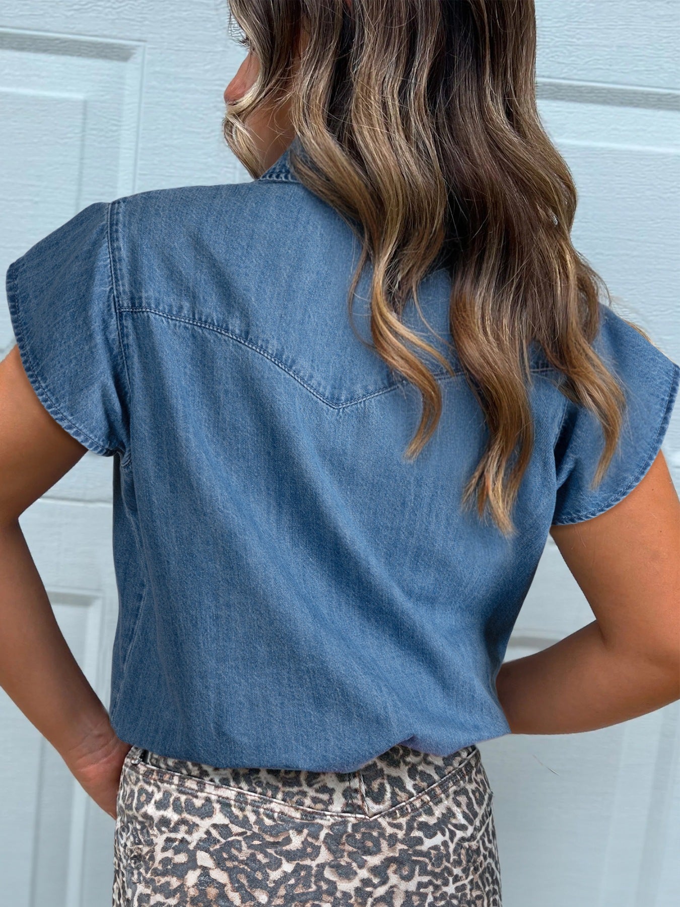Ruffled Short Sleeve Denim Shirt -