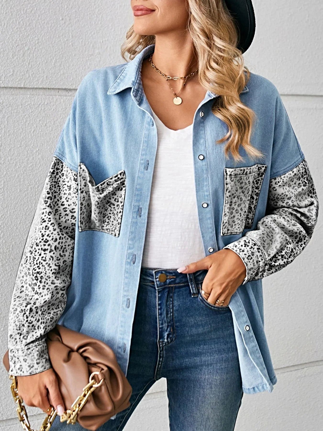 Leopard Patchwork Button Up Denim Shirt -