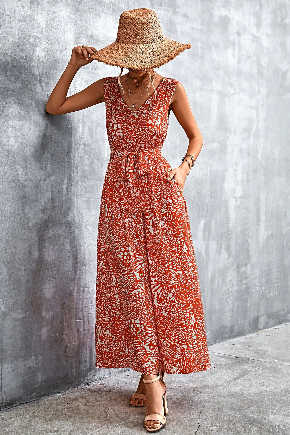 Printed V-Neck Tie Waist Maxi Dress -