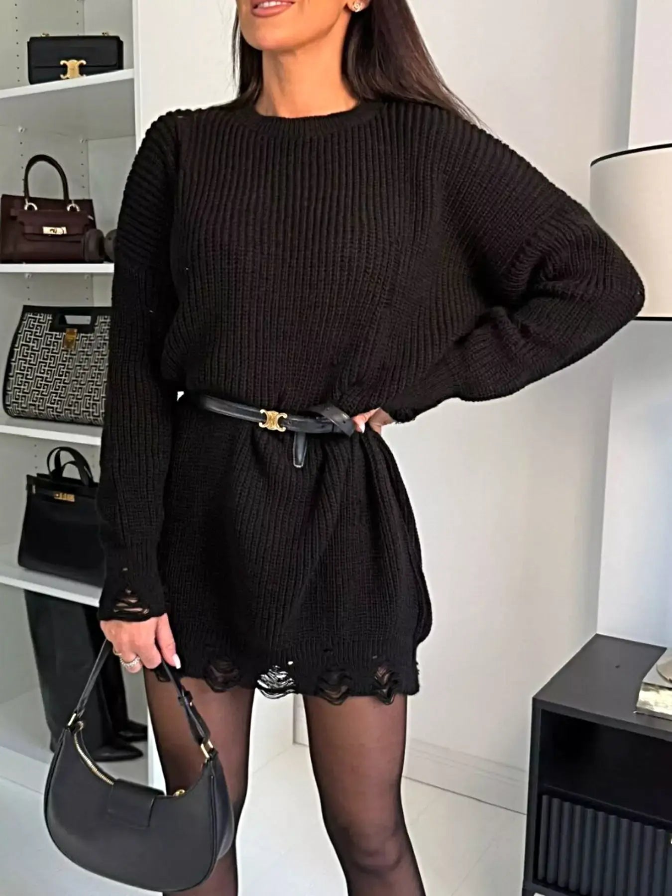Distressed Round Neck Drop Shoulder Sweater Dress -