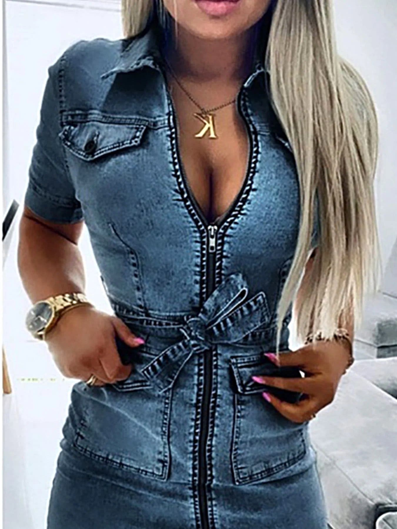 Zipper Front Short Sleeve Denim Dress -