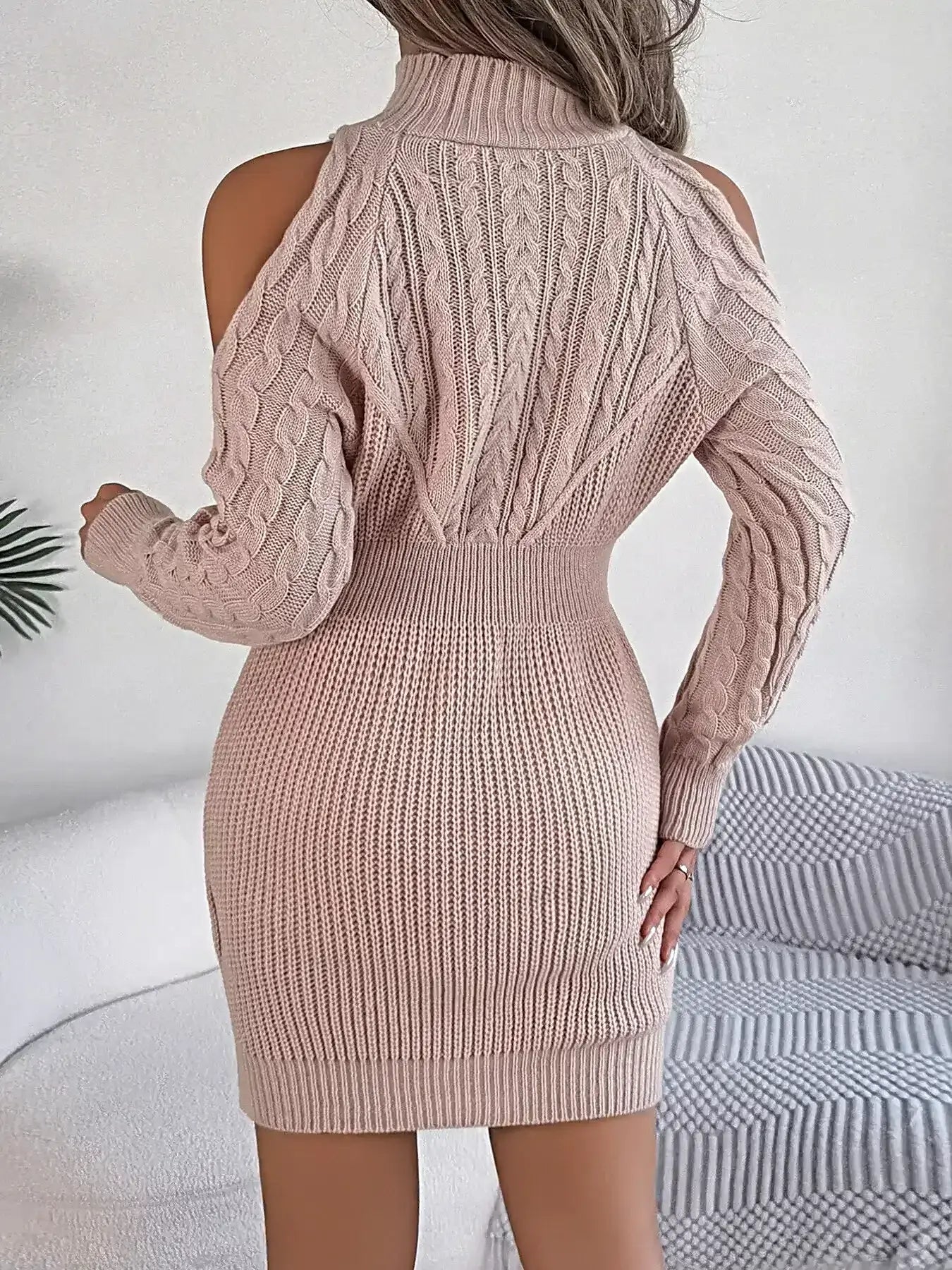 Cold Shoulder Cable Knit Turtleneck Sweater Dress -