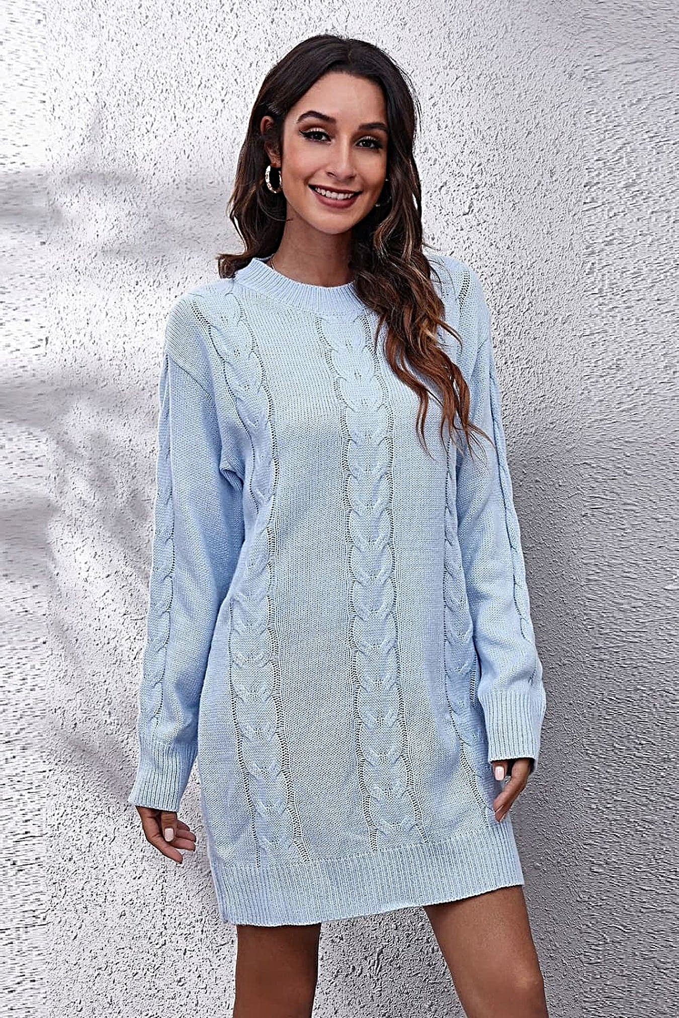 Cable-Knit Round Neck Sweater Dress -