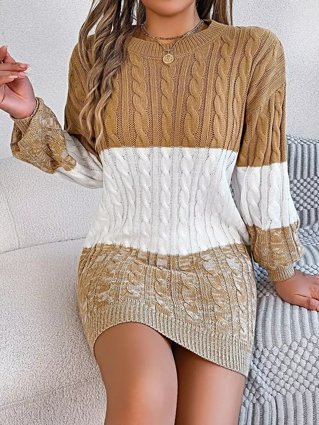 Color Block Cable Knit Sweater Dress with Textured Pattern -