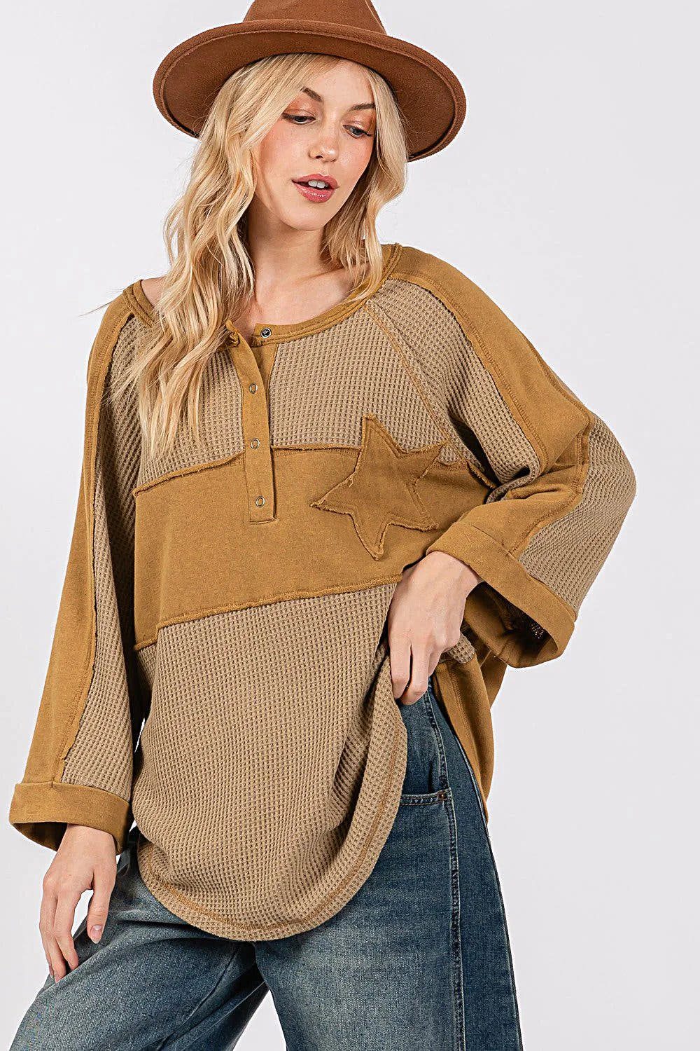 SAGE + FIG Waffle Knit Top With Star Applique Patch And Exposed Seams - Chic Casual Design Trendsi