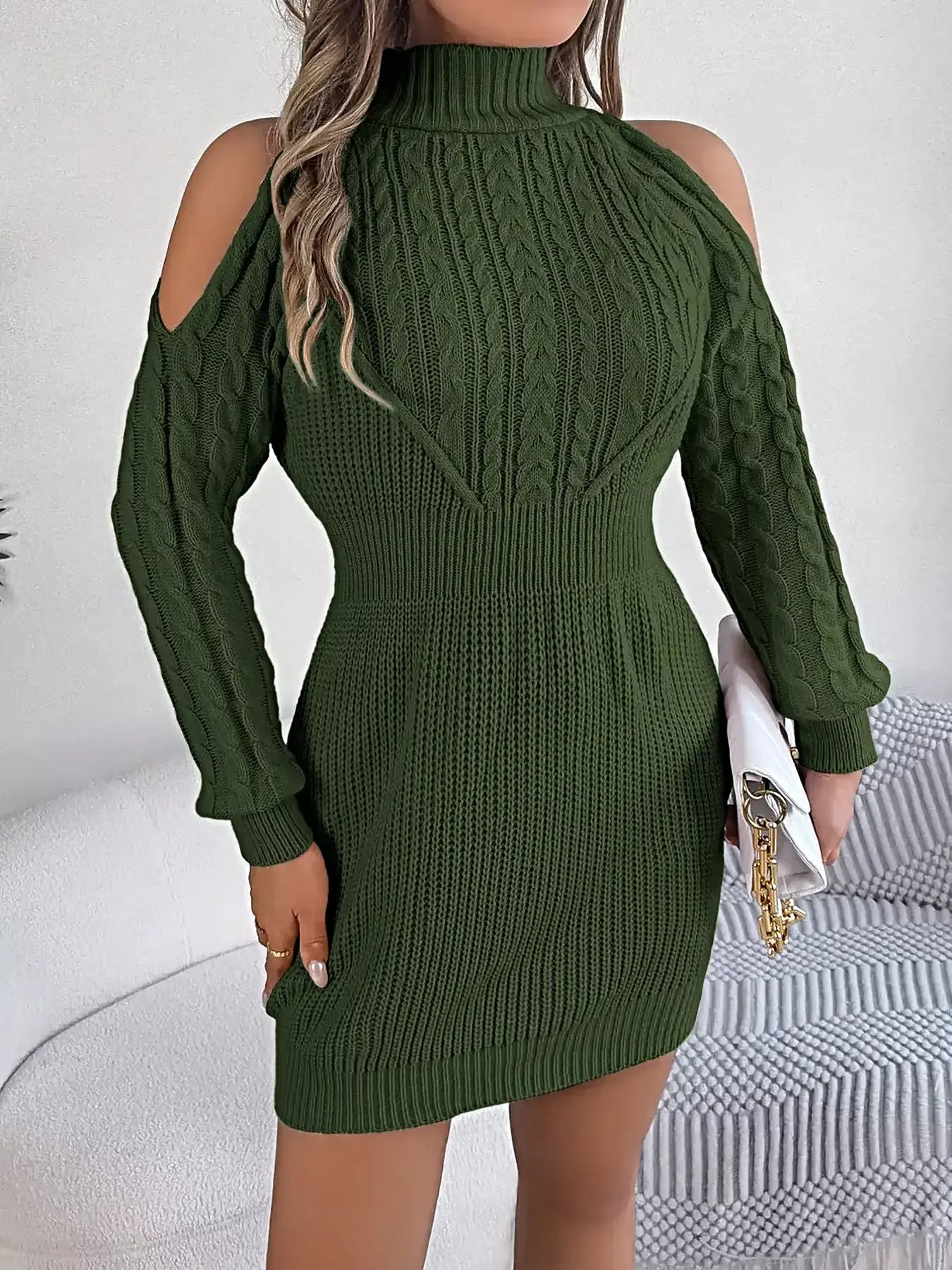 Cold Shoulder Cable Knit Turtleneck Sweater Dress -