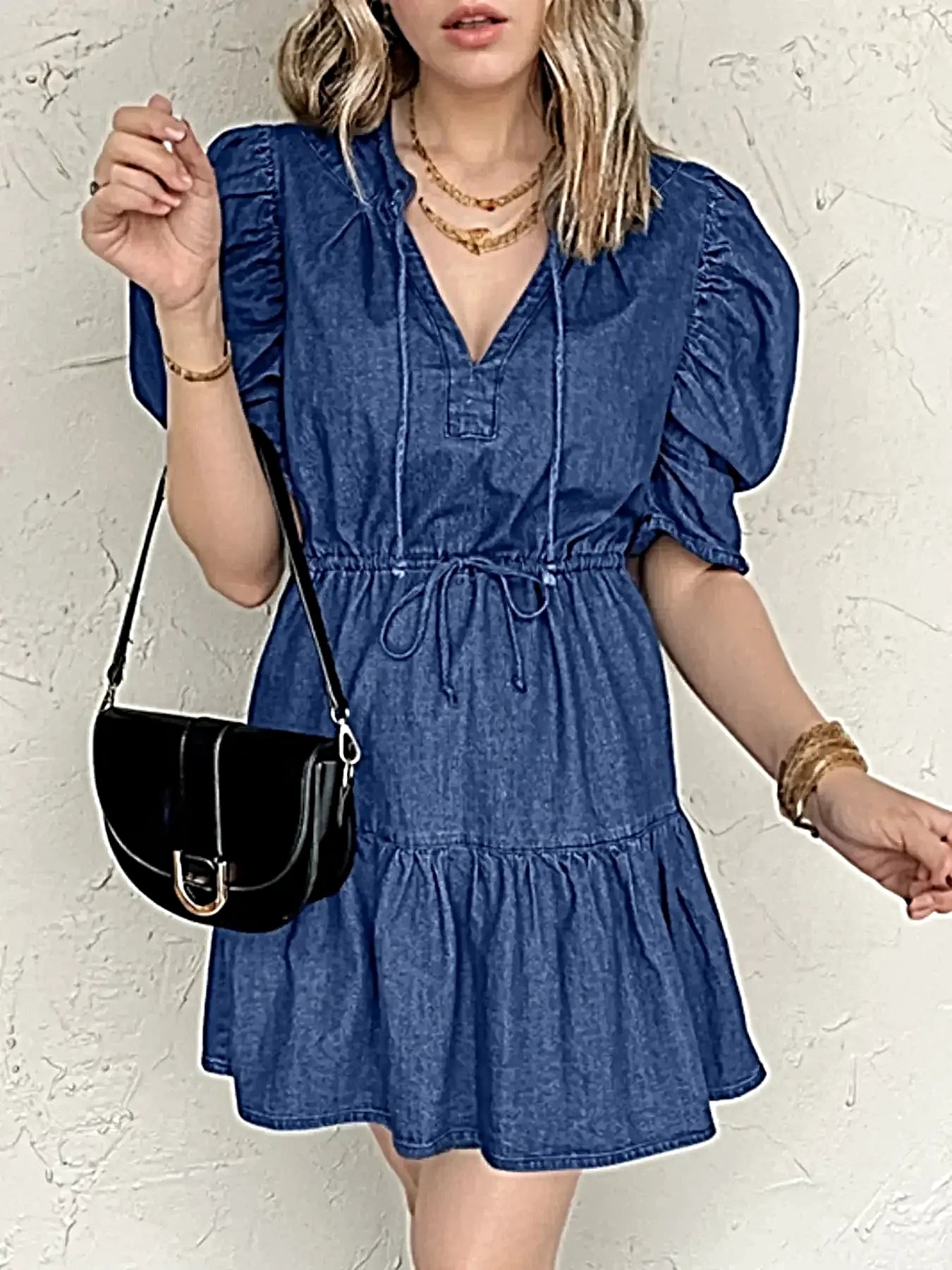 Drawstring High Waist Puff Sleeve Denim Mini Dress -