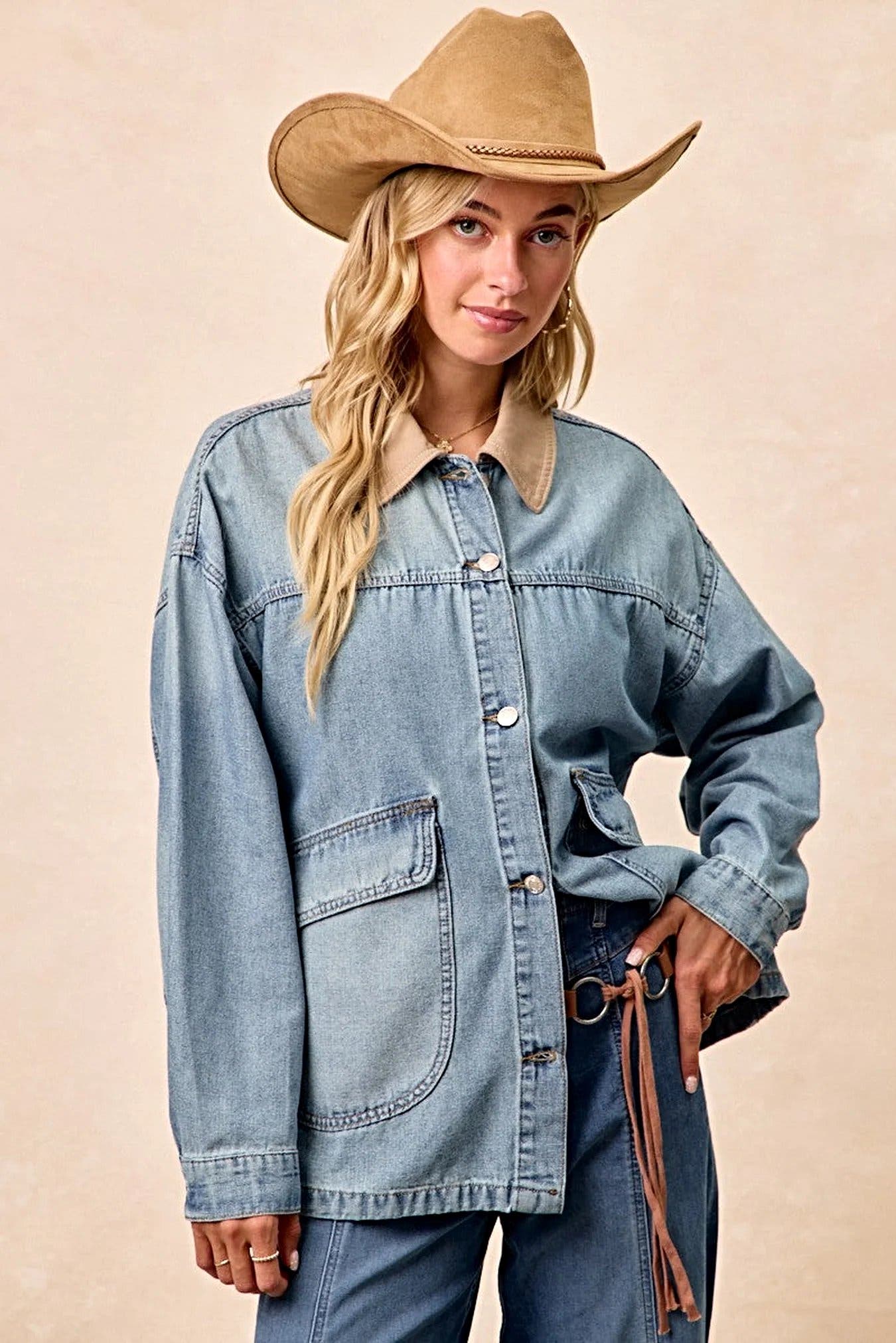 BiBi Washed Denim Jacket with Contrast Collar Detail -